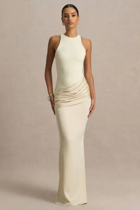 Akari | Champagne High-Neck Maxi Dress With Satin Skirt sold by Club L London