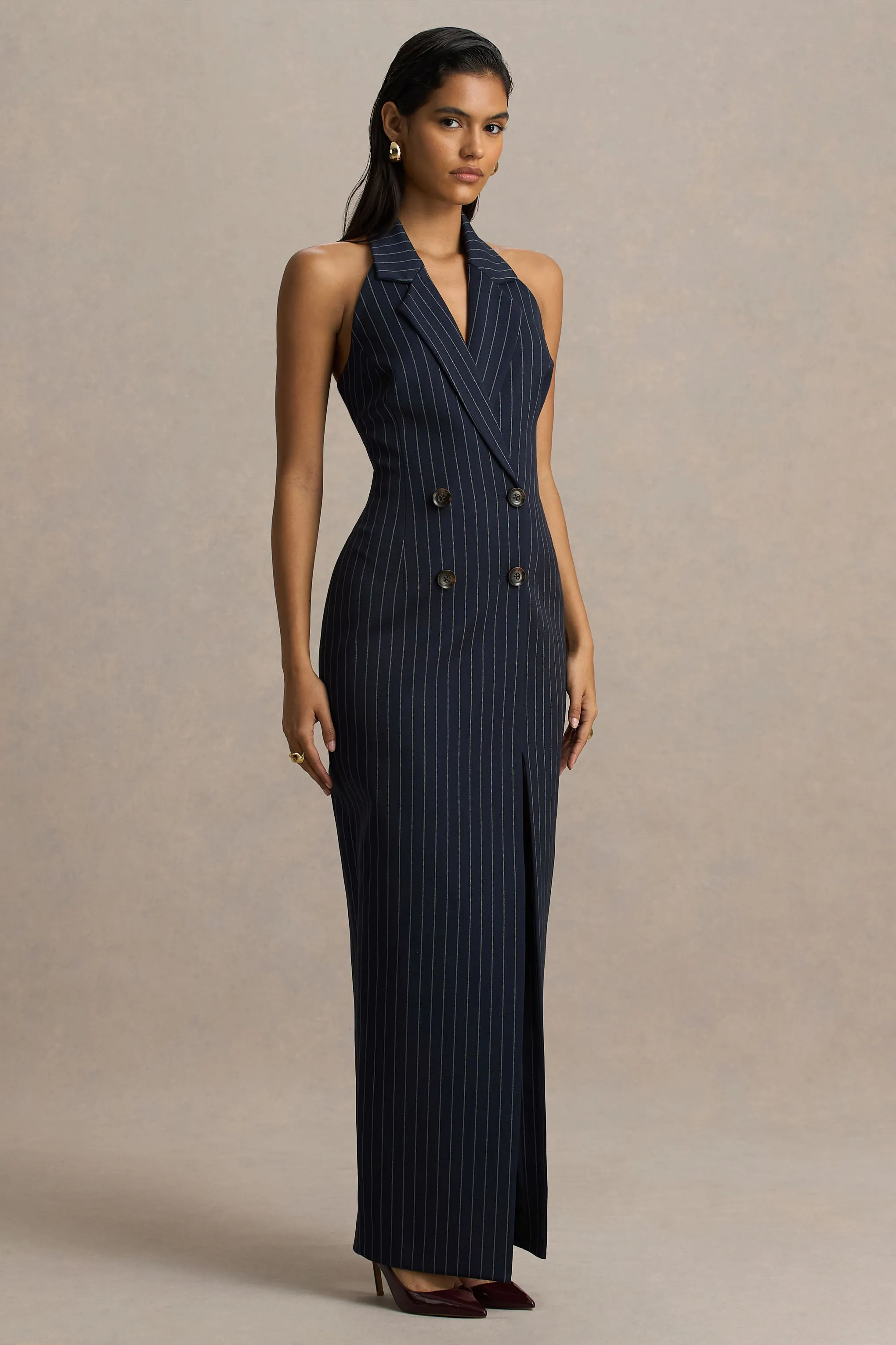 Eve | Navy Pinstripe Plunge-Neckline Tailored Maxi Dress sold by Club L London product image thumbnail 4