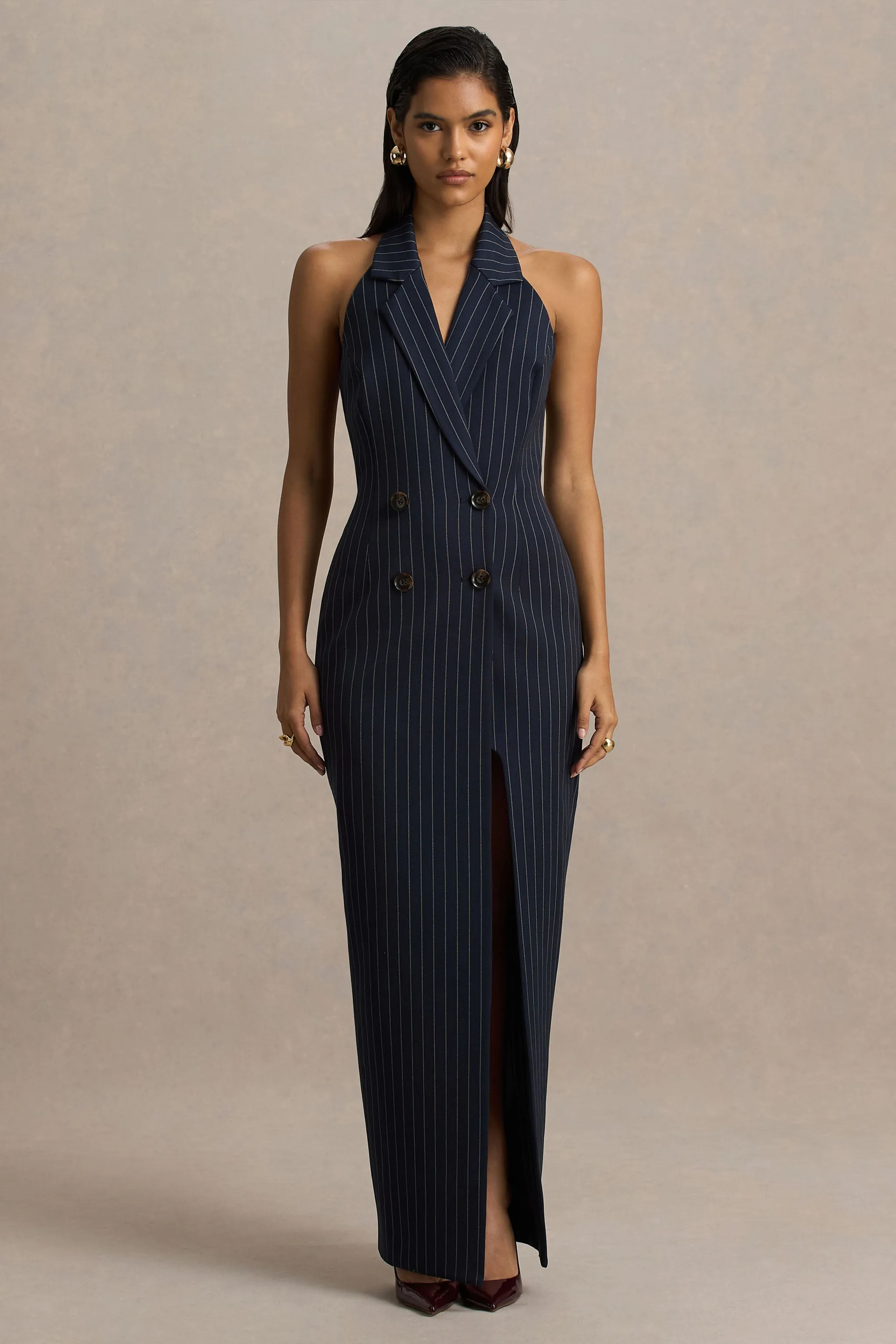 Eve | Navy Pinstripe Plunge-Neckline Tailored Maxi Dress sold by Club L London