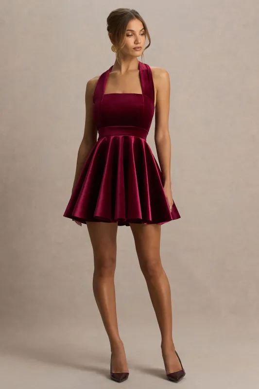 Mirage | Burgundy Velvet Halter-Neck Mini Dress With Skater-Skirt sold by Club L London