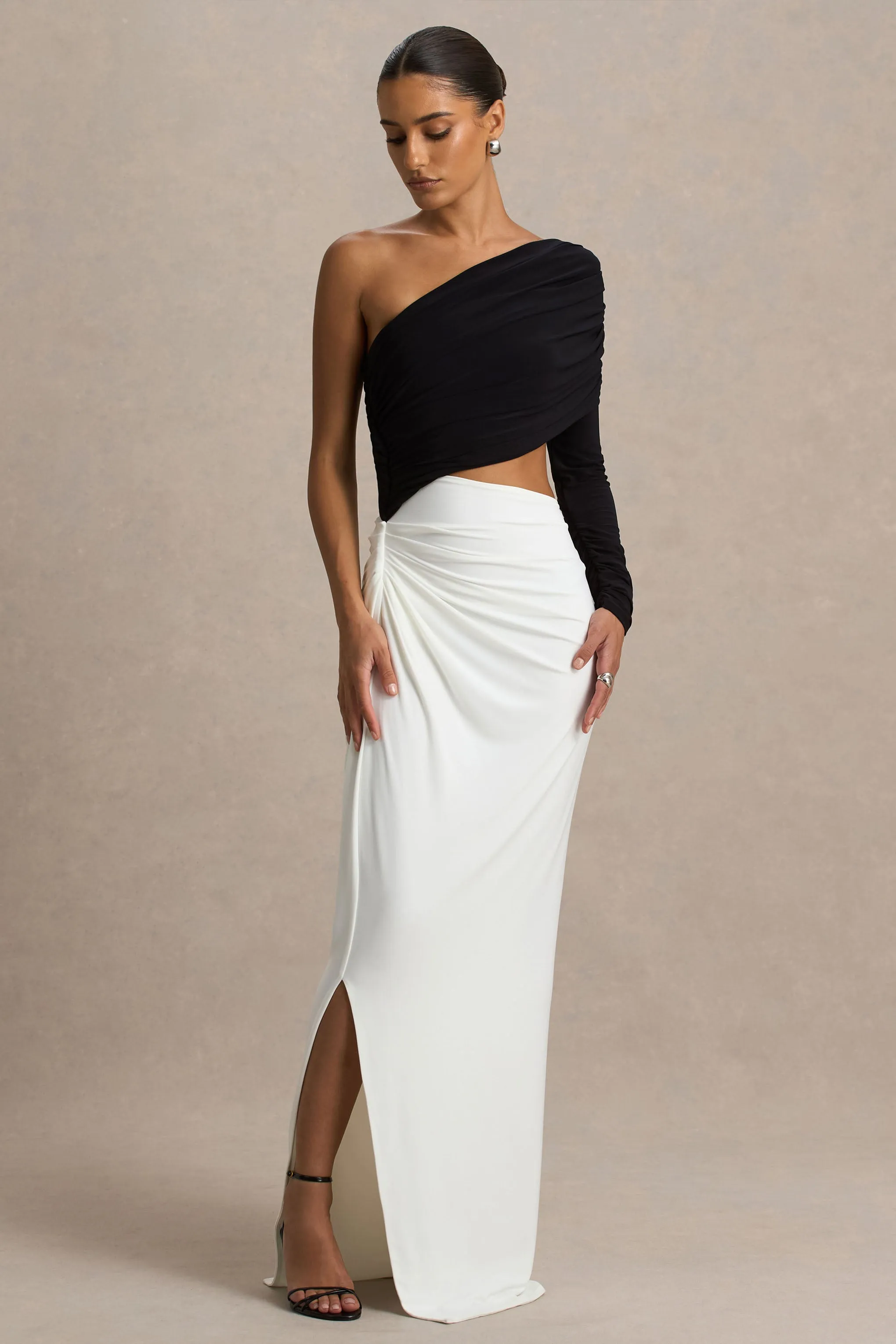 Malika | Black And White Asymmetric-Neck Maxi Dress With Body-Cut Out And Ruched Detailing sold by Club L London