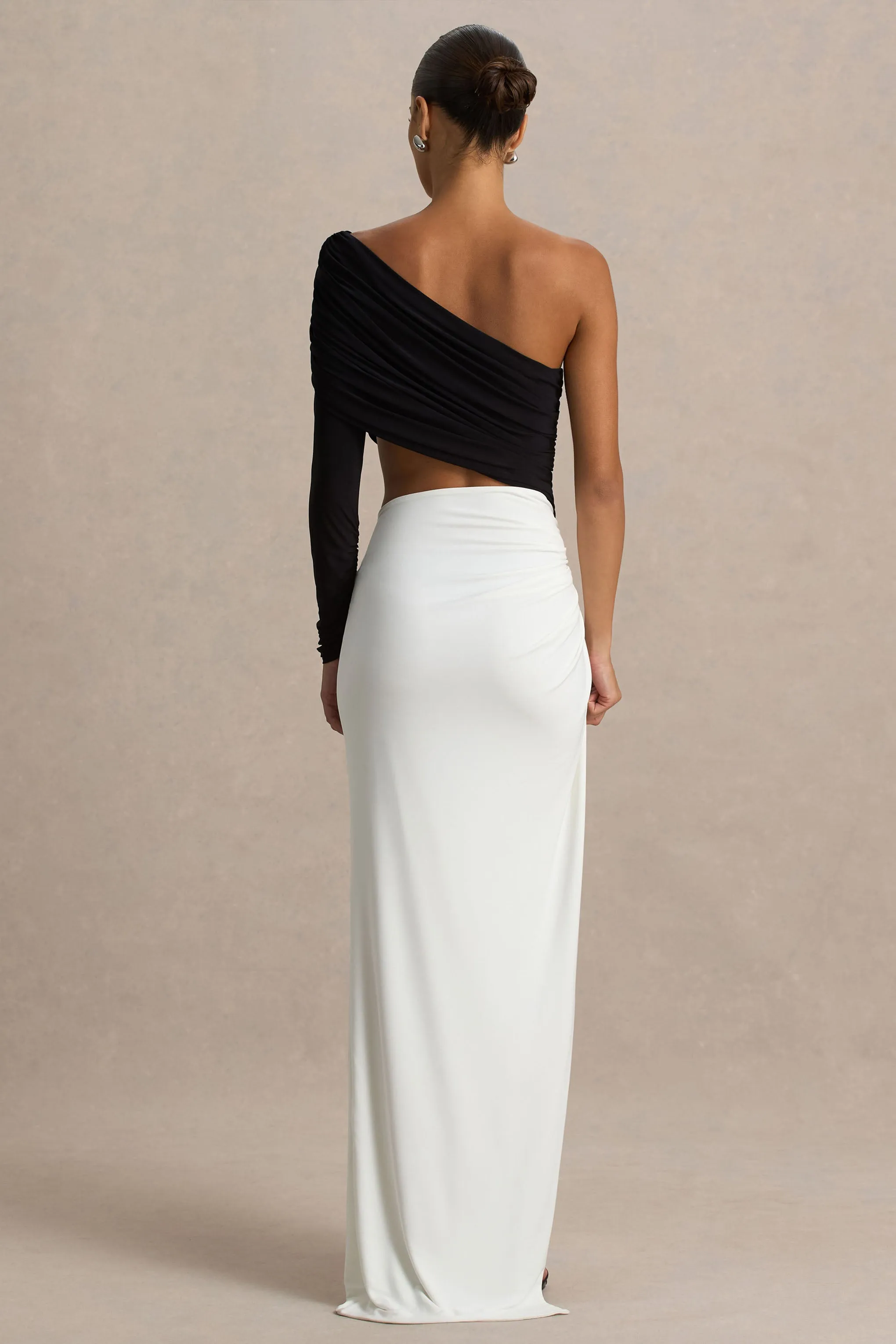 Malika | Black And White Asymmetric-Neck Maxi Dress With Body-Cut Out And Ruched Detailing sold by Club L London product image thumbnail 2