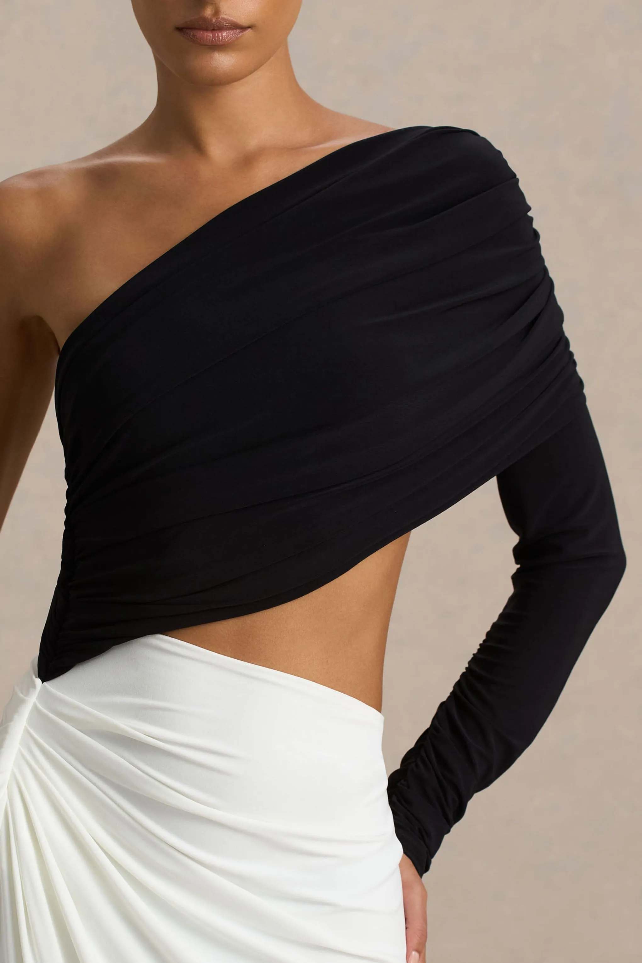 Malika | Black And White Asymmetric-Neck Maxi Dress With Body-Cut Out And Ruched Detailing sold by Club L London product image thumbnail 3