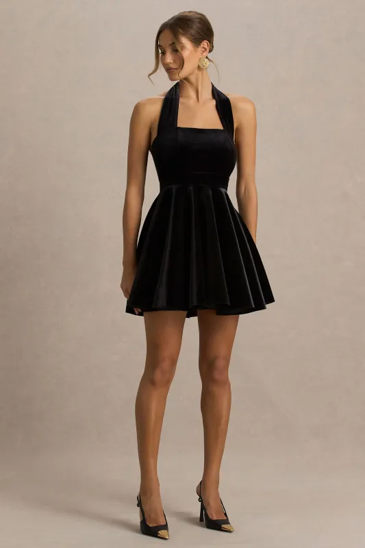 Mirage | Black Velvet Halter-Neck Mini Dress With Skater-Skirt sold by Club L London