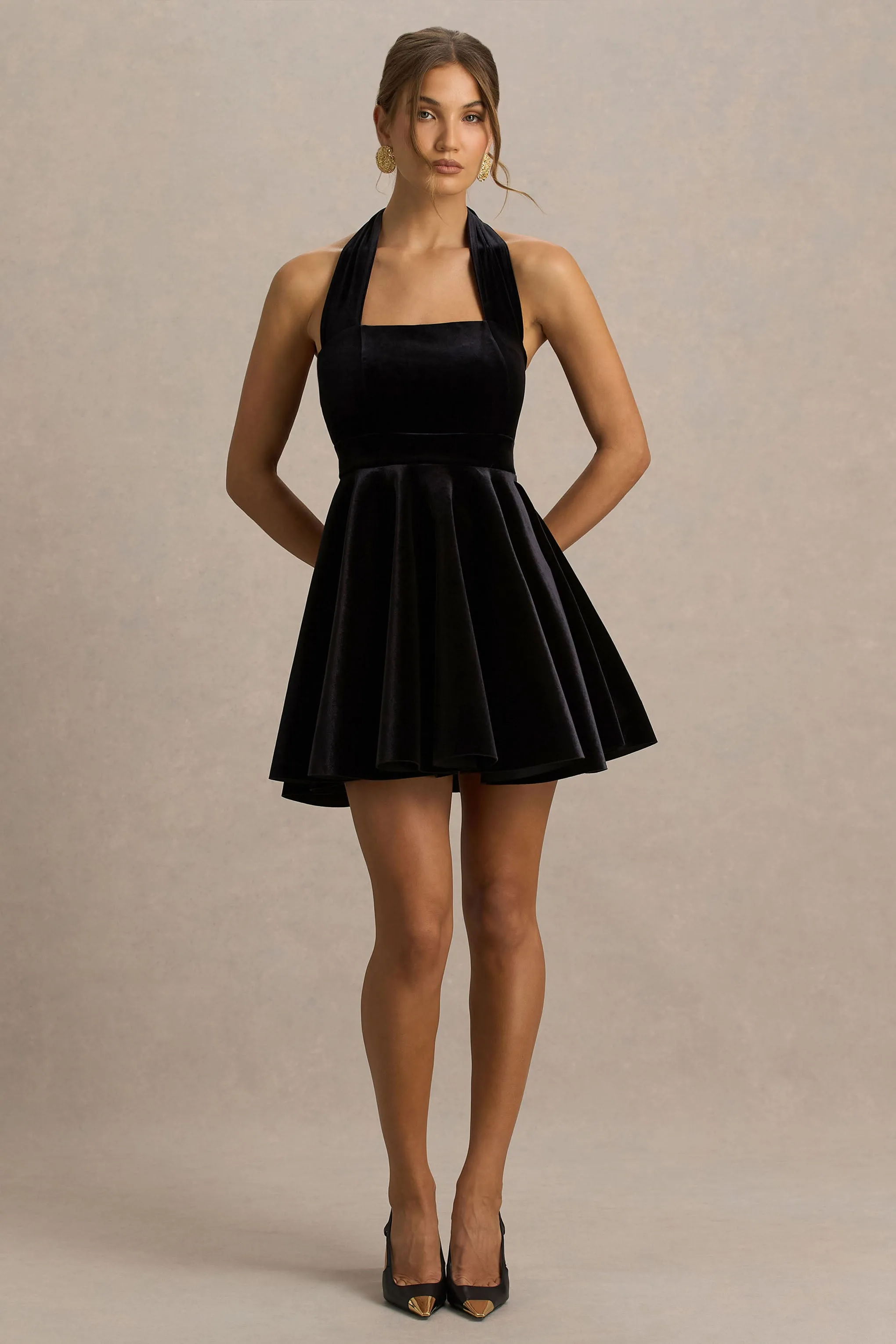 Mirage | Black Velvet Halter-Neck Mini Dress With Skater-Skirt sold by Club L London product image thumbnail 5