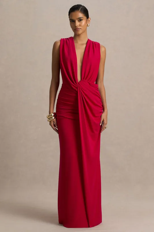 Serafina | Red Extreme-Plunge Maxi Dress With Ruched Detailing And Open-Back sold by Club L London