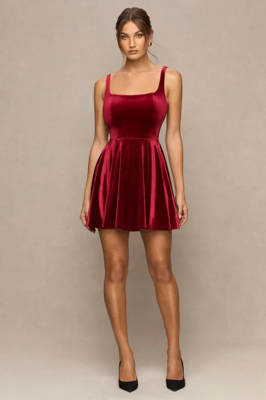 Roxanne | Burgundy Velvet Square-Neck Mini Dress sold by Club L London