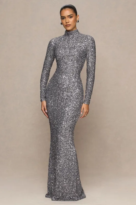 Galaxy | Silver Sequin Turtle-Neck Long-Sleeve Maxi Dress sold by Club L London