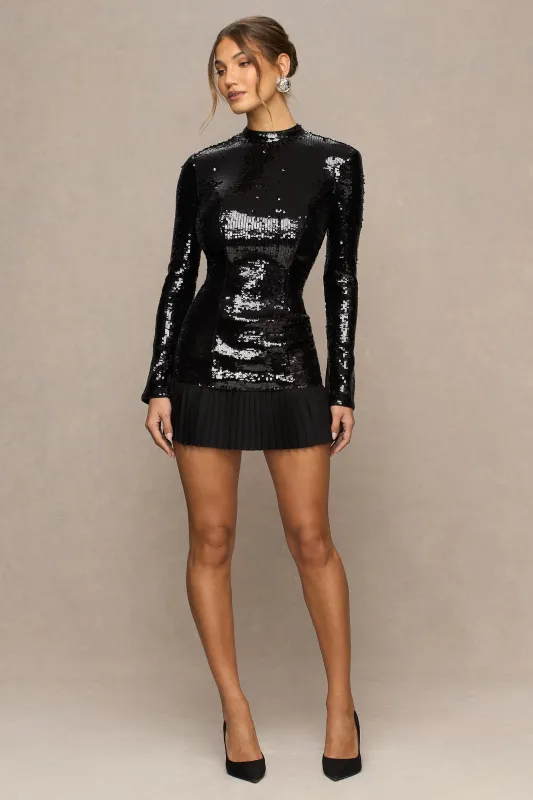North | Black Sequin High-Neck Mini Dress With Pleats sold by Club L London