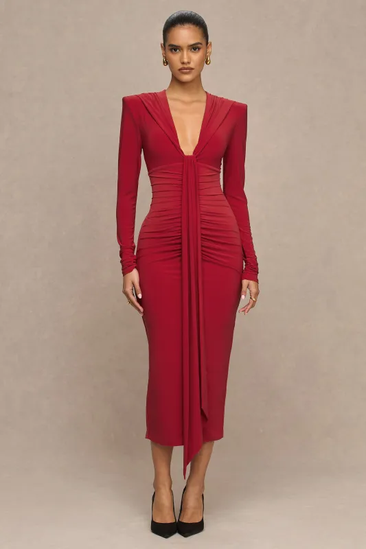 Ivara | Red Plunge-Neck Maxi Dress With Ruched Detailing And Sash sold by Club L London