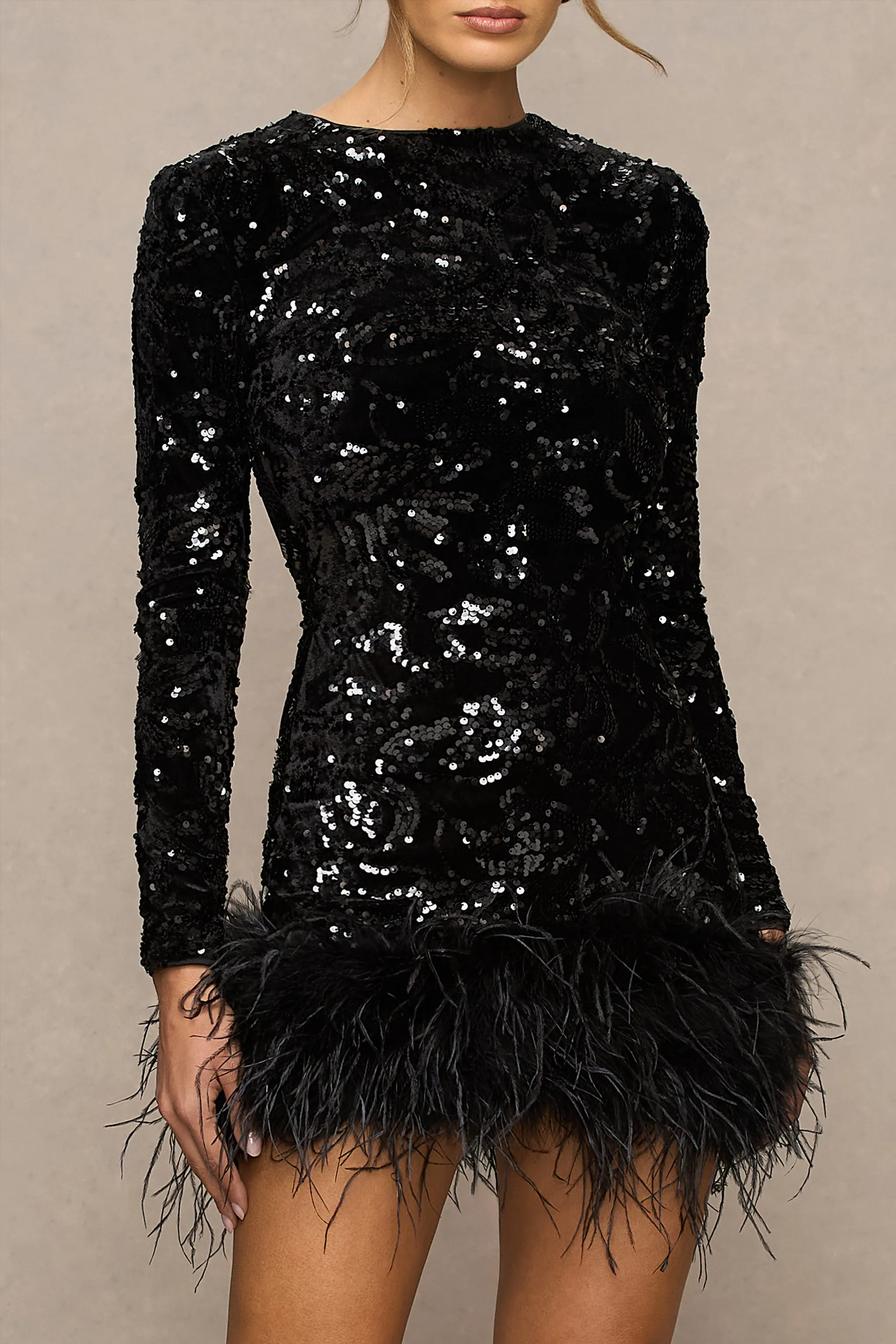 Stardust | Black Sequined Velvet Crew-Neck Mini Dress With Feather Trim sold by Club L London product image thumbnail 4