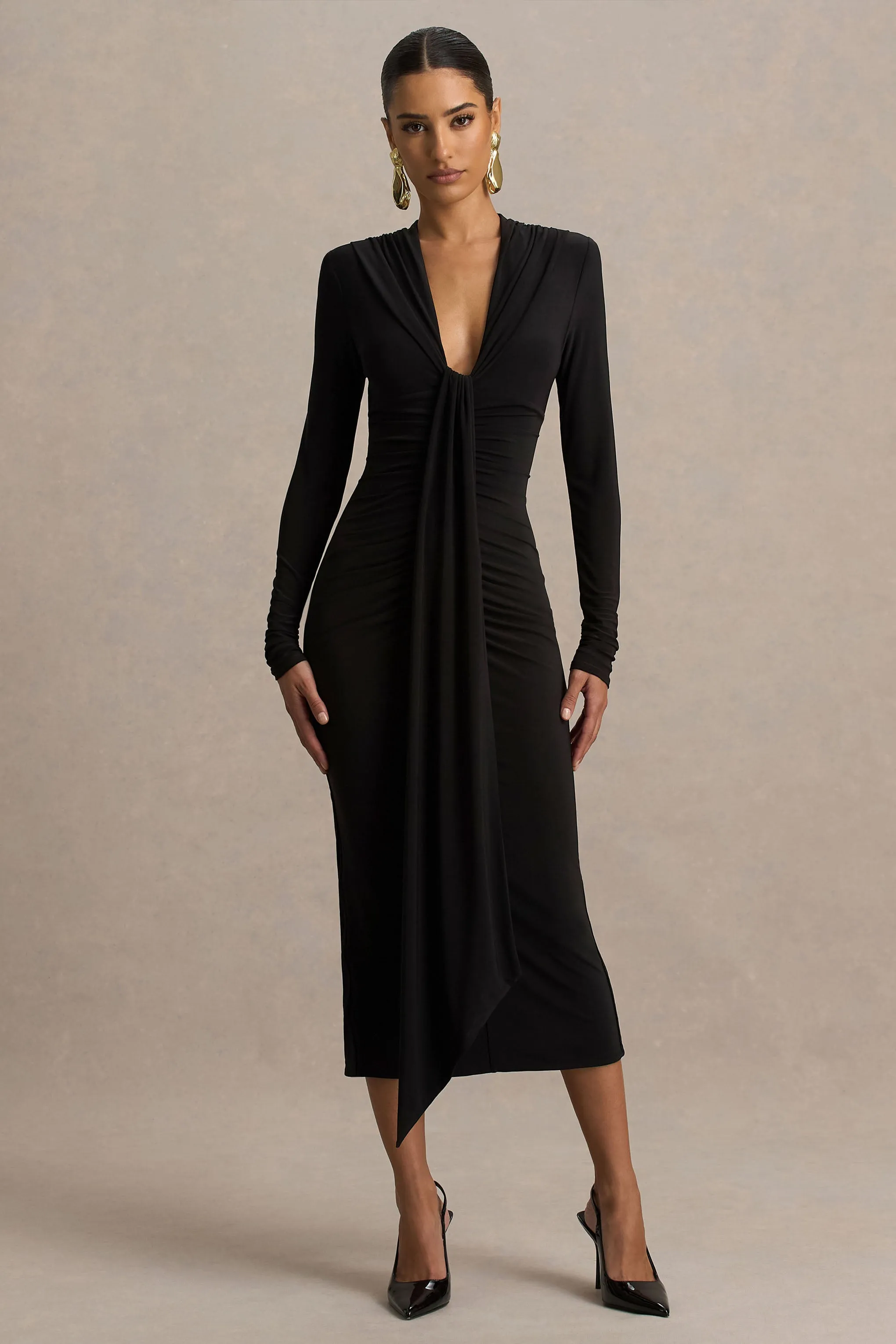 Ivara | Black Plunge-Neck Midi Dress With Ruched Detailing And Sash sold by Club L London product image thumbnail 4