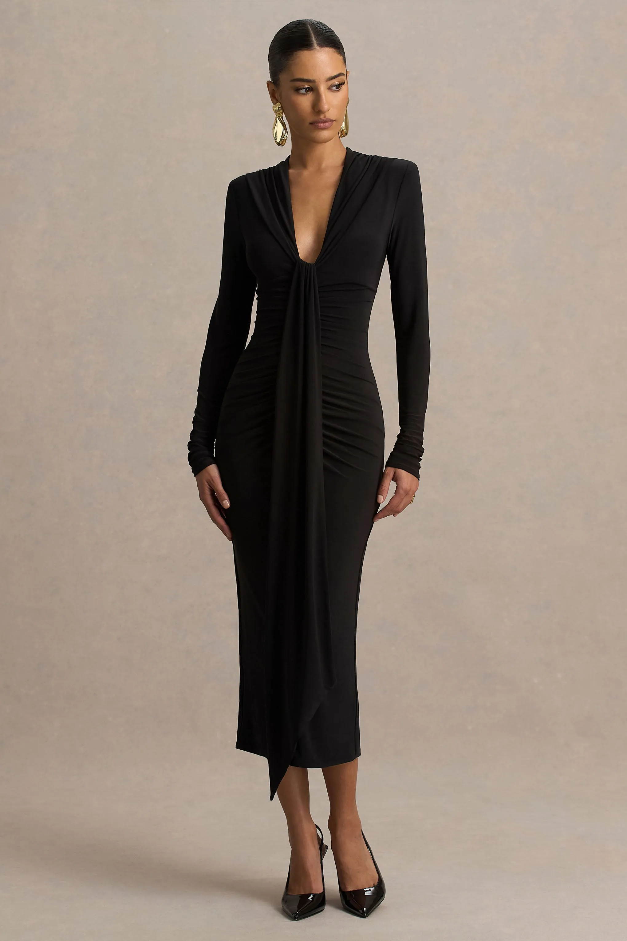 Ivara | Black Plunge-Neck Midi Dress With Ruched Detailing And Sash sold by Club L London