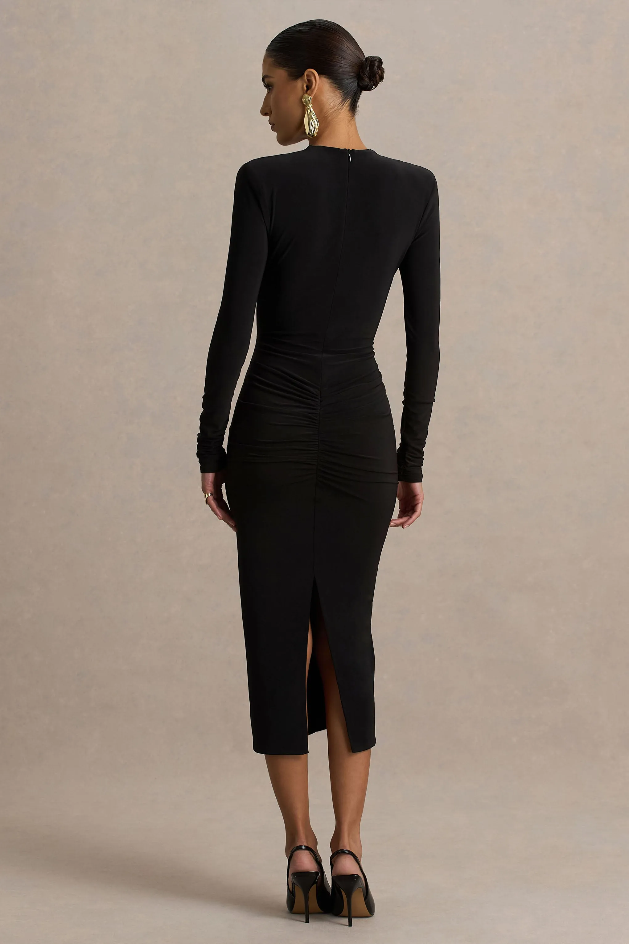 Ivara | Black Plunge-Neck Midi Dress With Ruched Detailing And Sash sold by Club L London product image thumbnail 2