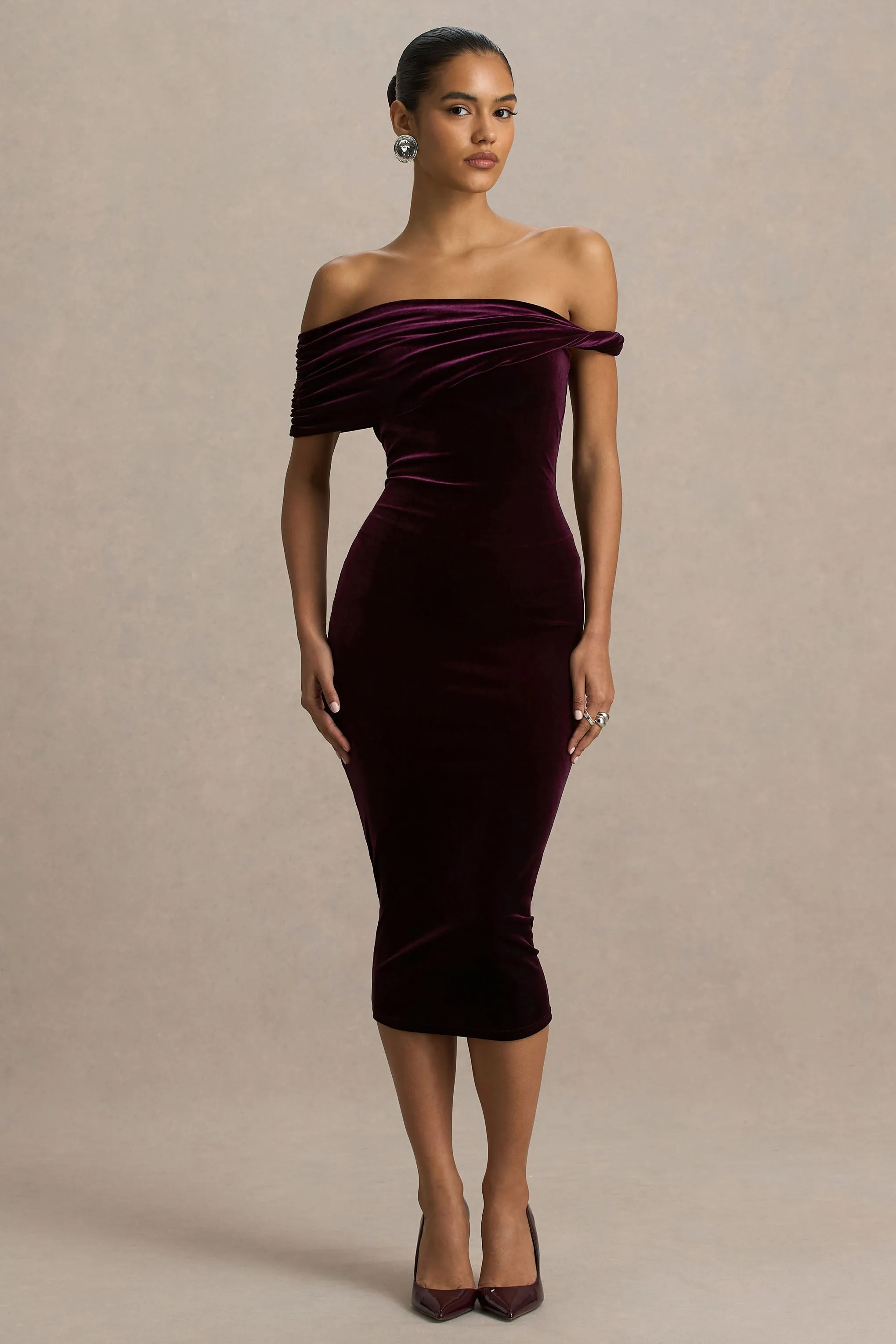 Billie | Burgundy Velvet Bardot-Neck Midi Dress With Twist-Sleeve sold by Club L London