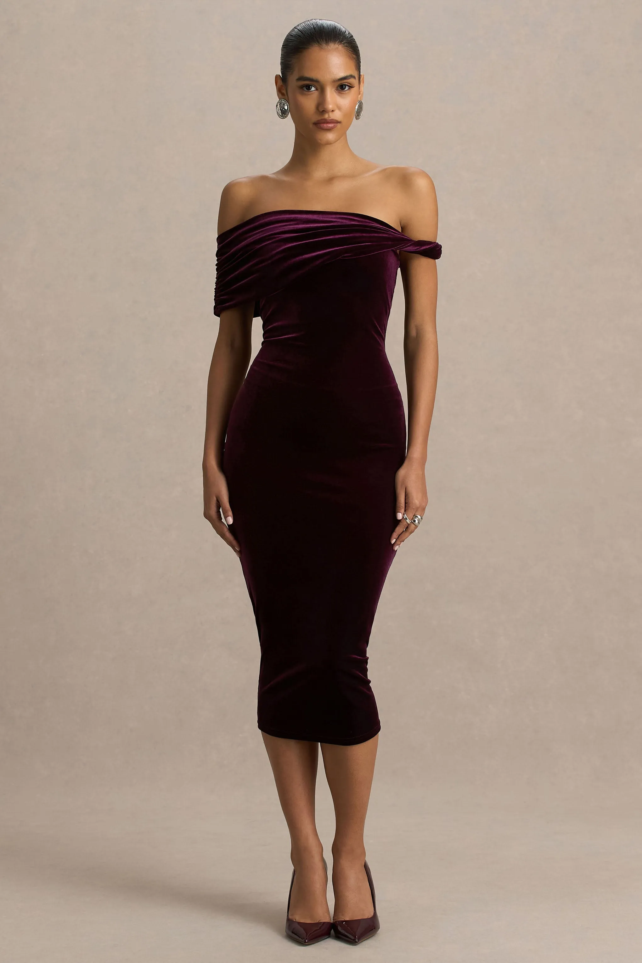 Billie | Burgundy Velvet Bardot-Neck Midi Dress With Twist-Sleeve sold by Club L London product image thumbnail 5