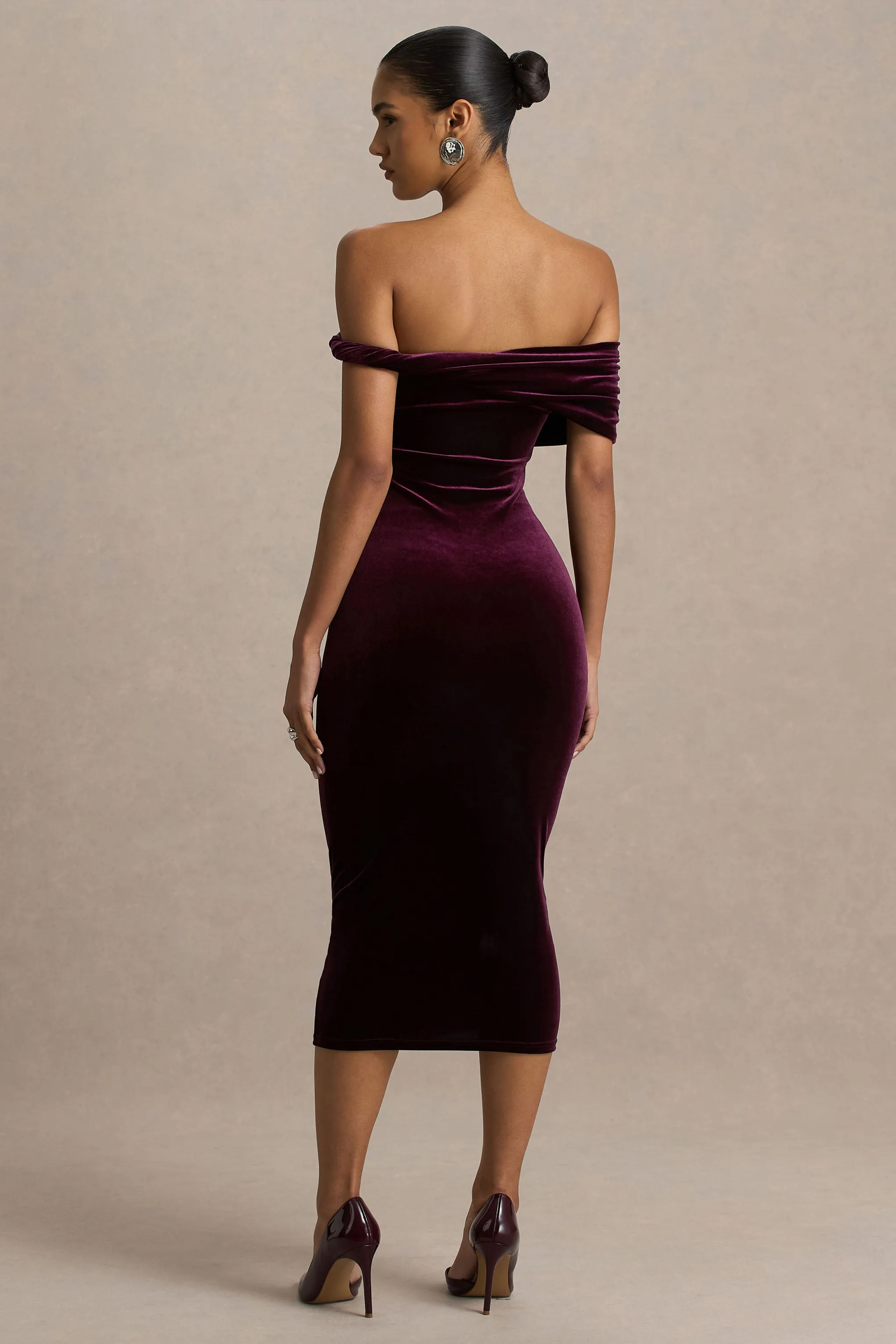Billie | Burgundy Velvet Bardot-Neck Midi Dress With Twist-Sleeve sold by Club L London product image thumbnail 2