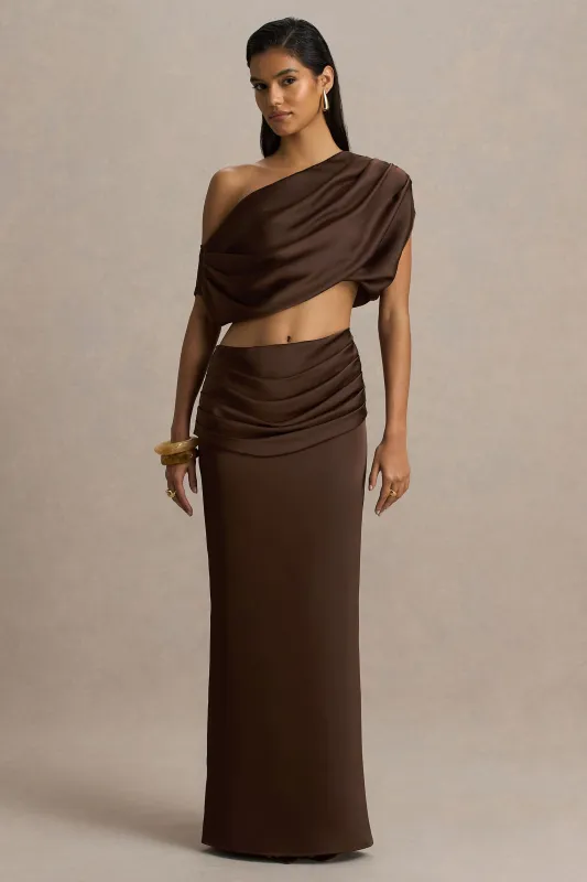 Megan | Brown Satin Wrap Maxi-Skirt With Ruched Detailing sold by Club L London