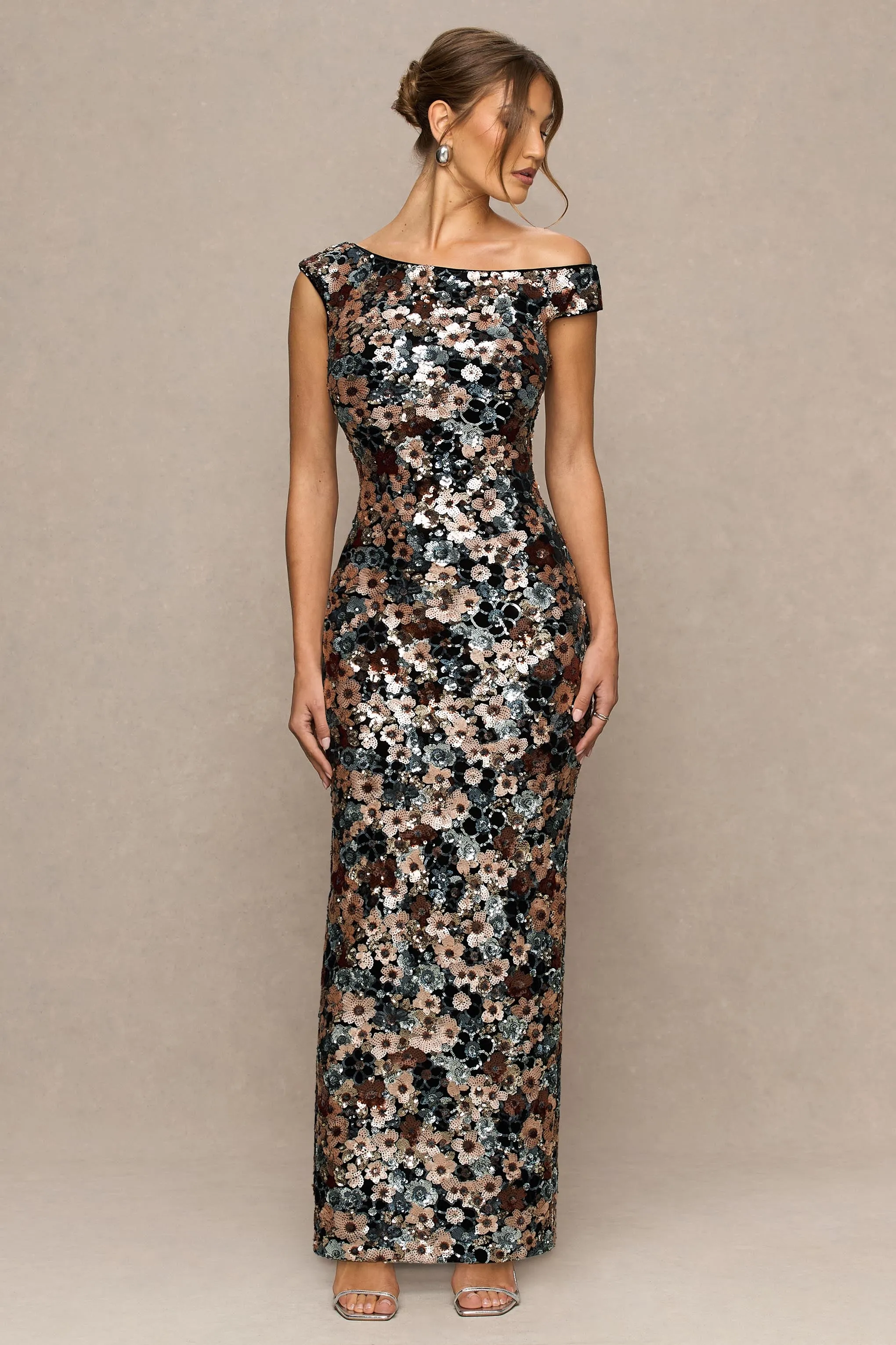 Electric | Black Sequin Floral Velvet Asymmetric-Neck Maxi Dress sold by Club L London product image thumbnail 5