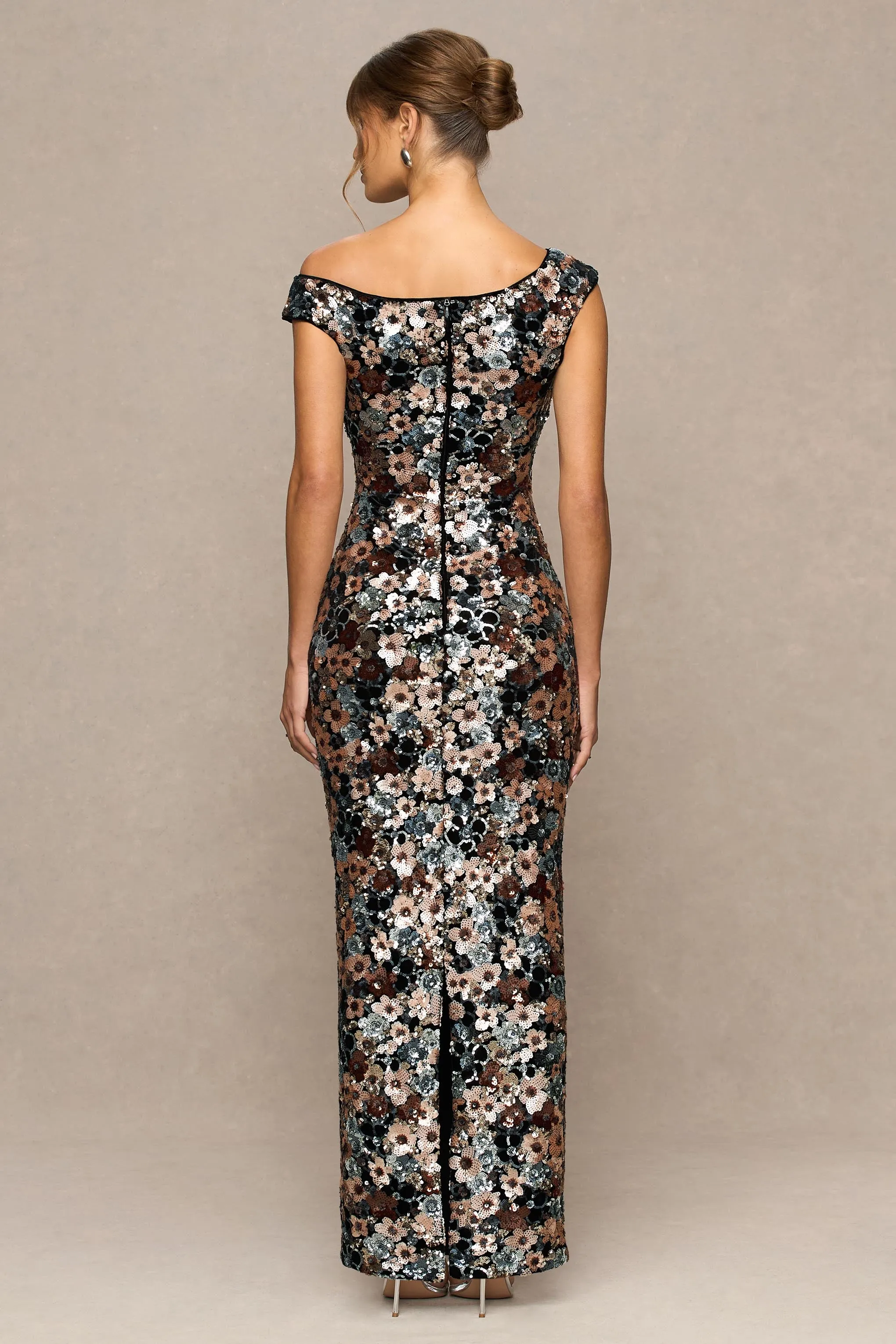 Electric | Black Sequin Floral Velvet Asymmetric-Neck Maxi Dress sold by Club L London product image thumbnail 2