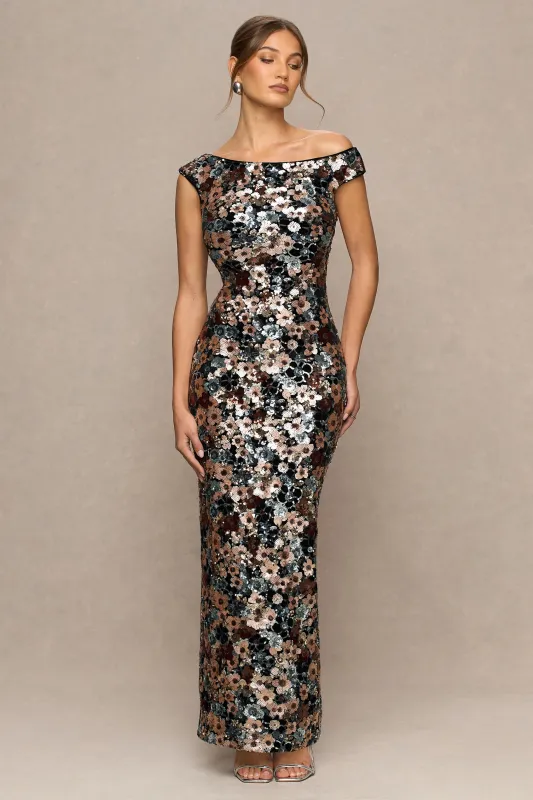 Electric | Black Sequin Floral Velvet Asymmetric-Neck Maxi Dress sold by Club L London