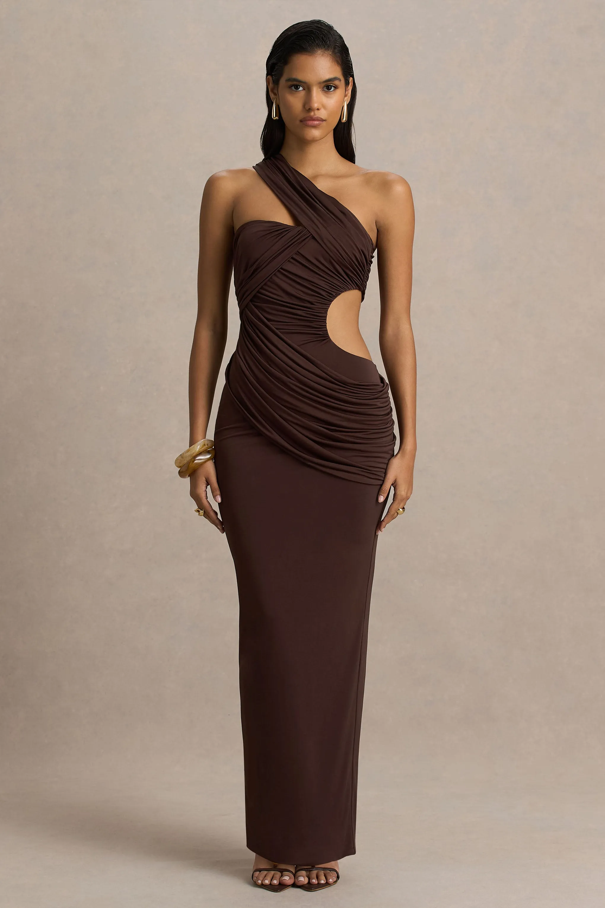 Serefine | Brown Asymmetric-Neck Maxi Dress With Body Cut-Out sold by Club L London product image thumbnail 5