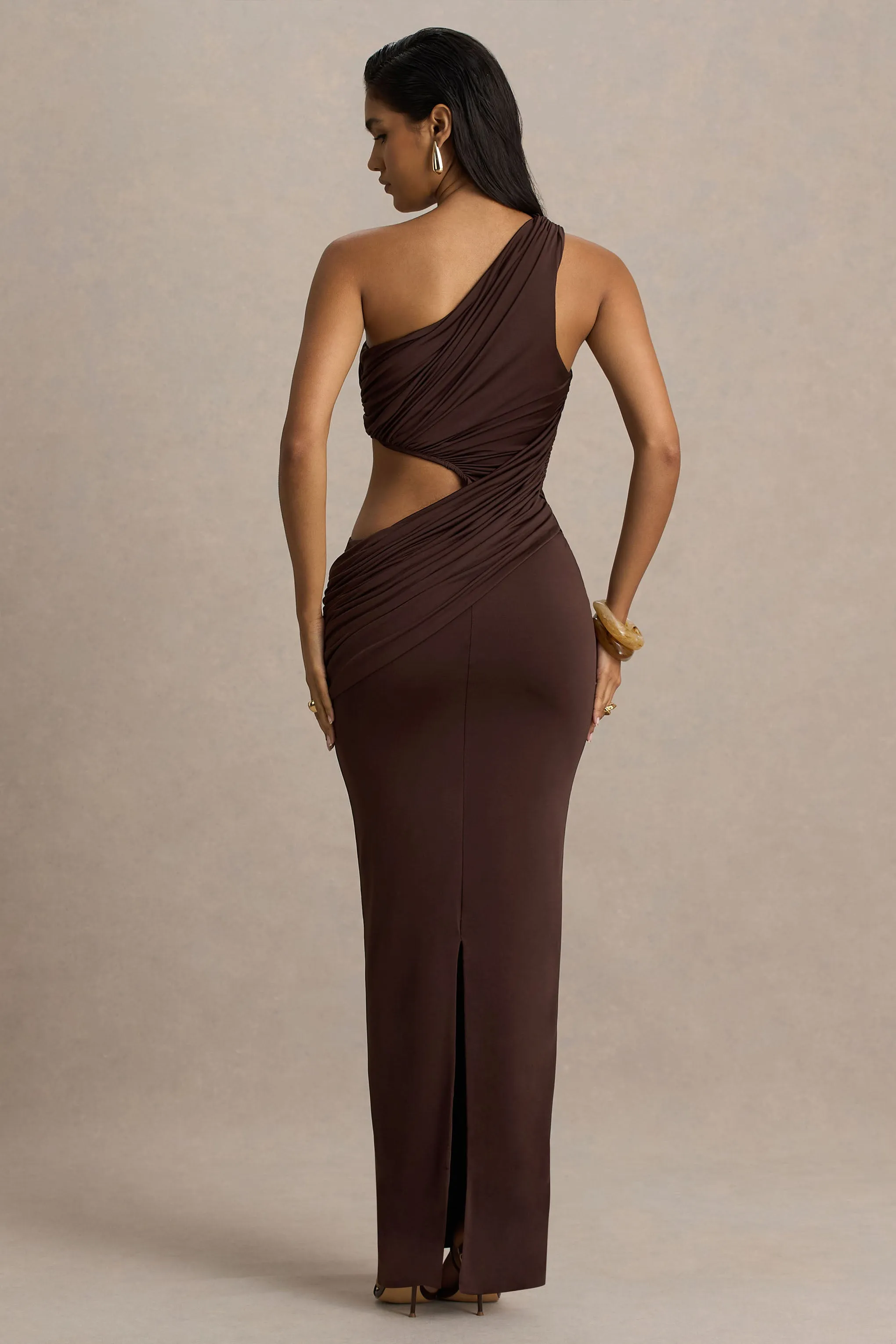 Serefine | Brown Asymmetric-Neck Maxi Dress With Body Cut-Out sold by Club L London product image thumbnail 2