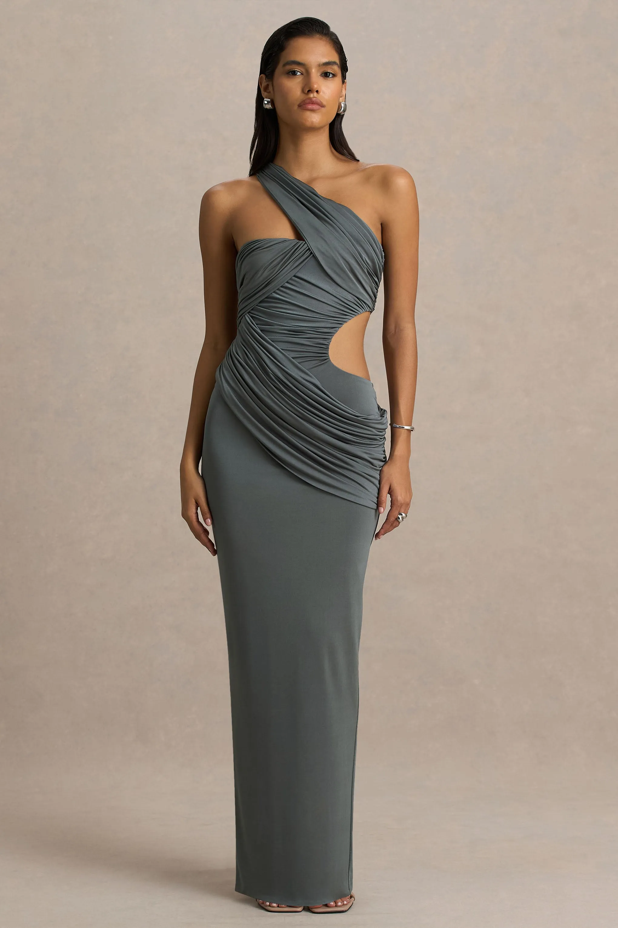 Serefine | Grey Asymmetric-Neck Maxi Dress With Body Cut-Out sold by Club L London product image thumbnail 4