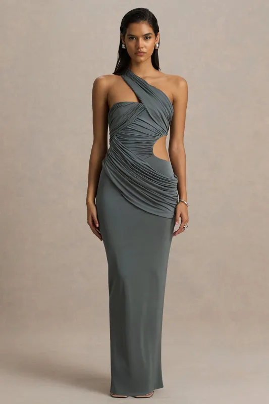 Serefine | Grey Asymmetric-Neck Maxi Dress With Body Cut-Out sold by Club L London