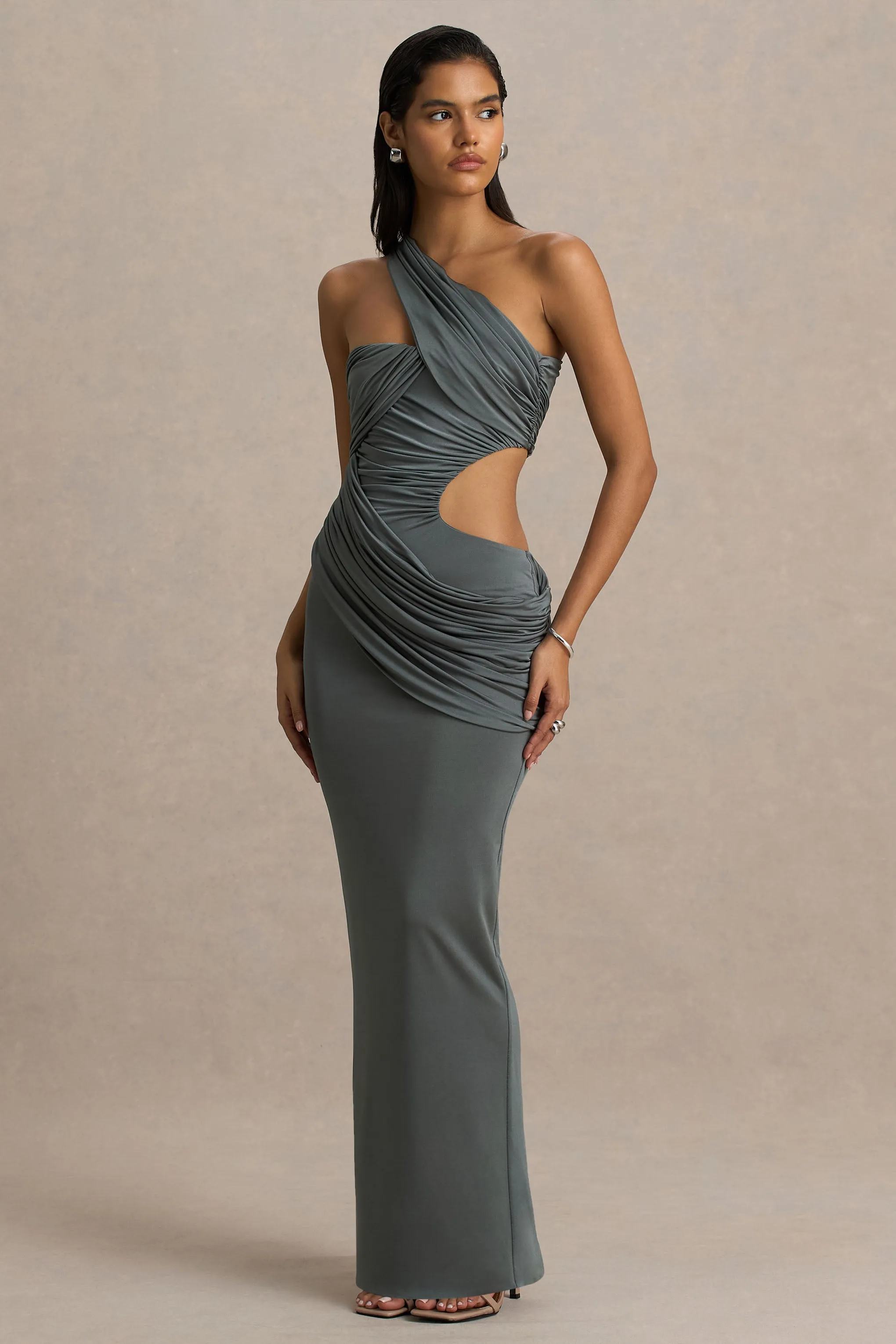 Serefine | Grey Asymmetric-Neck Maxi Dress With Body Cut-Out sold by Club L London product image thumbnail 5