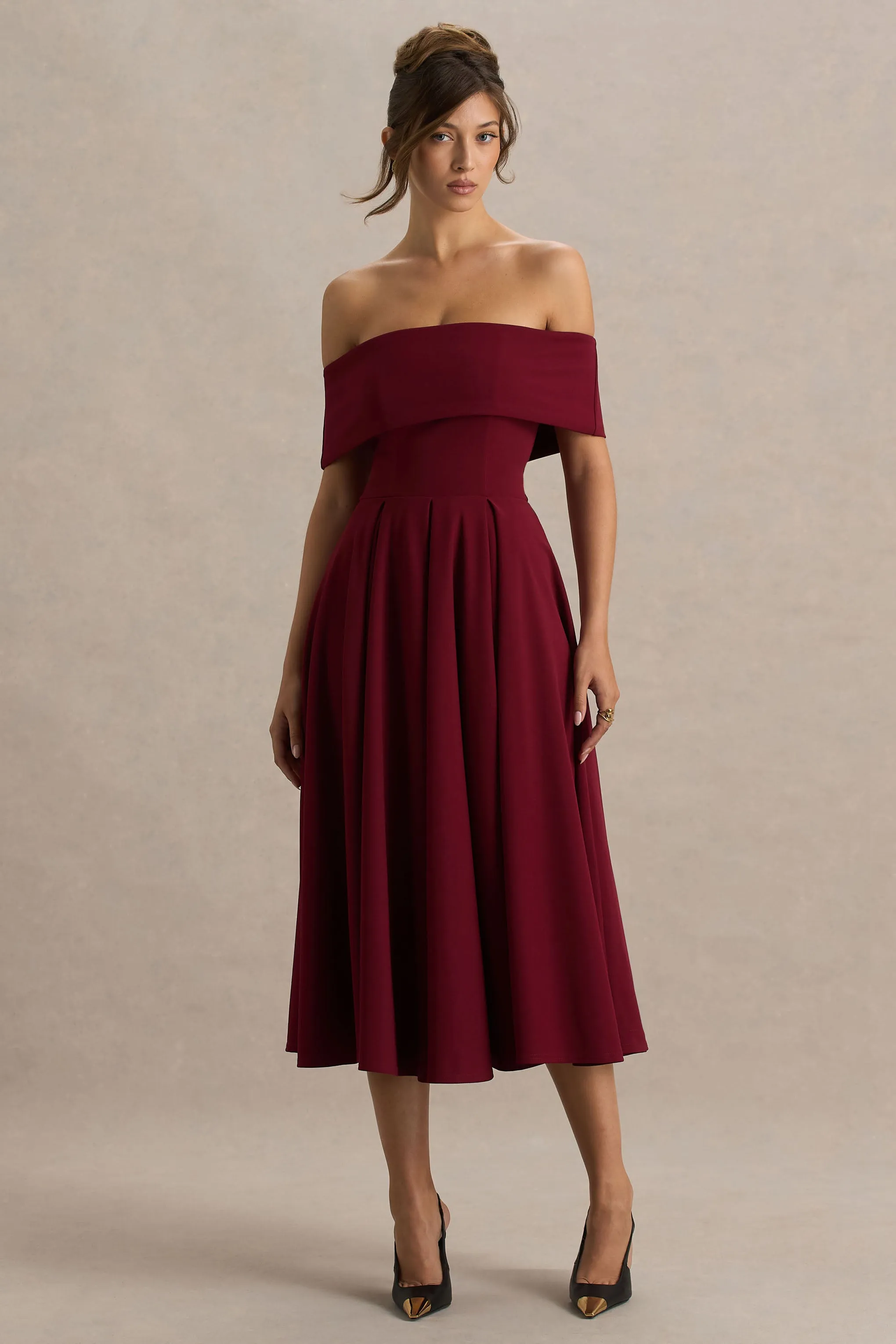 Isabella | Burgundy Bardot-Neck Midi Dress sold by Club L London