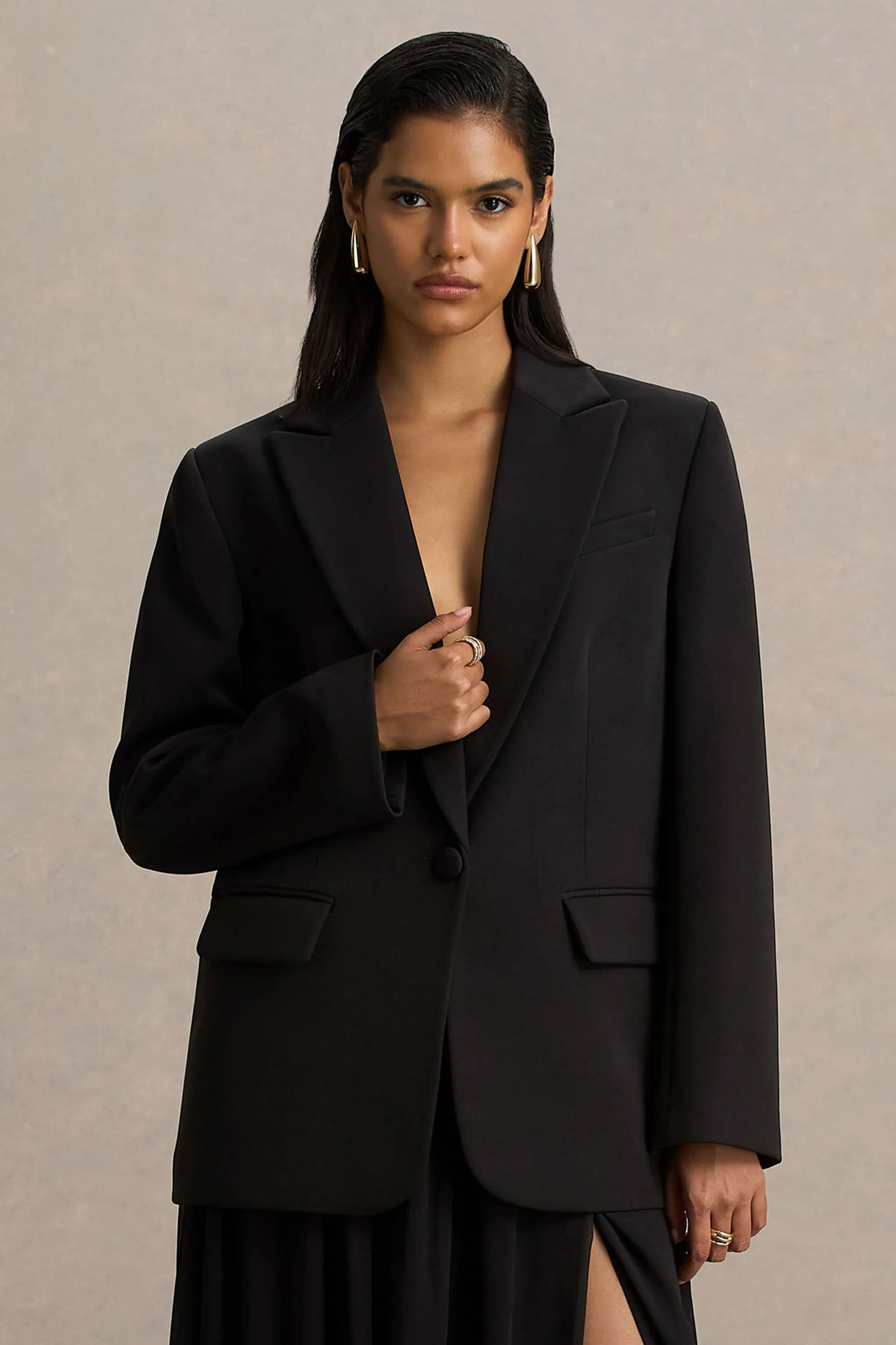 Katherine | Black Plunge-Neck Tailored Blazer sold by Club L London