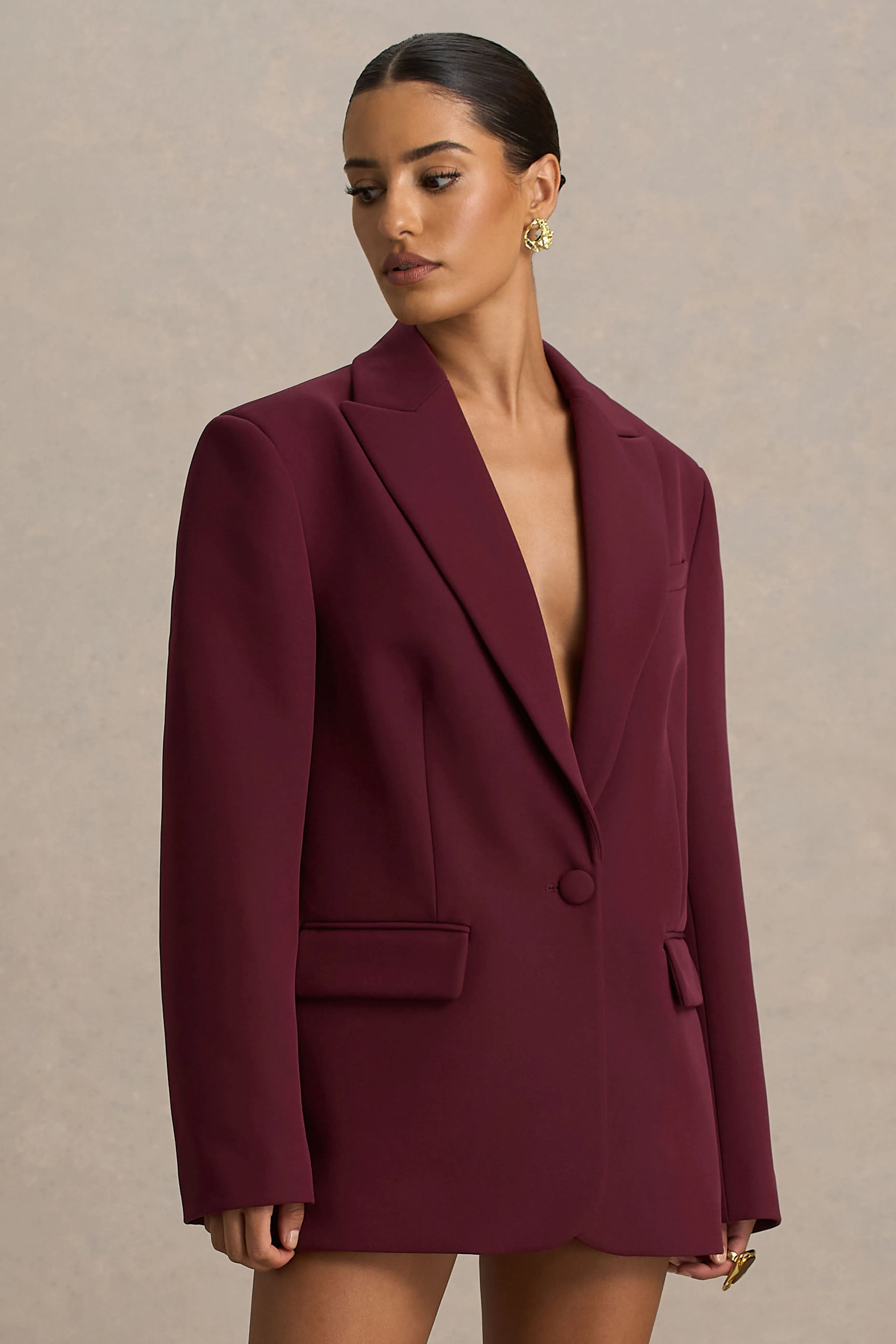 Katherine | Burgundy Plunge-Neck Tailored Blazer sold by Club L London product image thumbnail 5