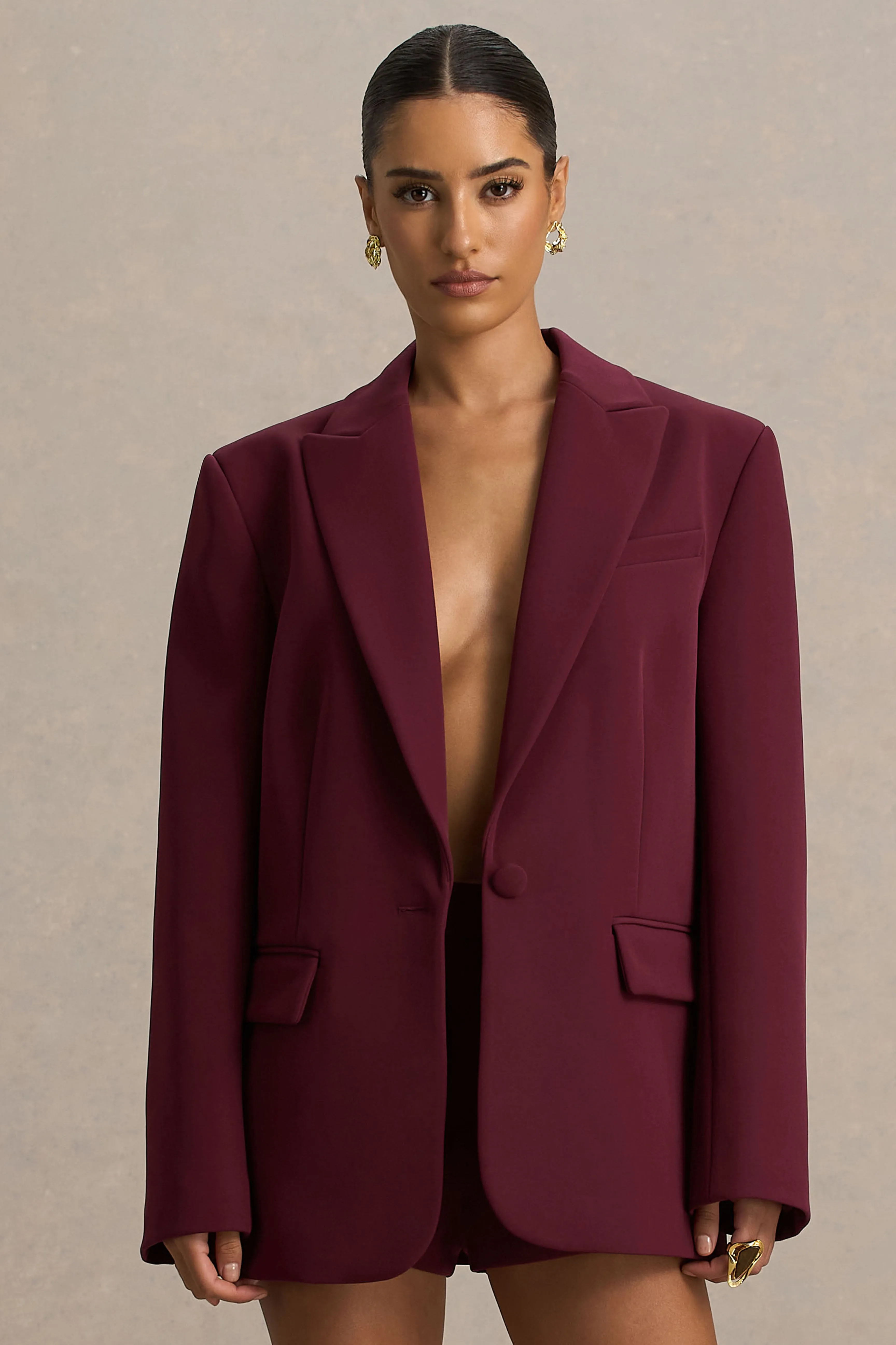 Katherine | Burgundy Plunge-Neck Tailored Blazer sold by Club L London product image thumbnail 4