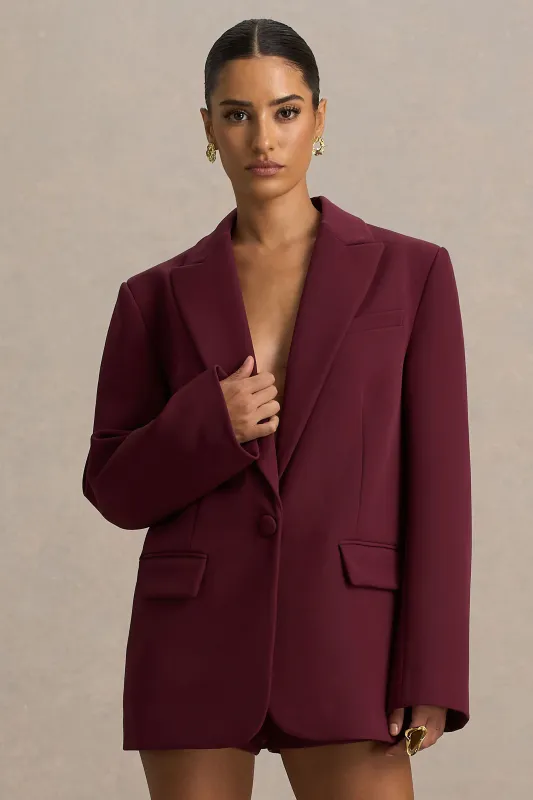 Katherine | Burgundy Plunge-Neck Tailored Blazer sold by Club L London