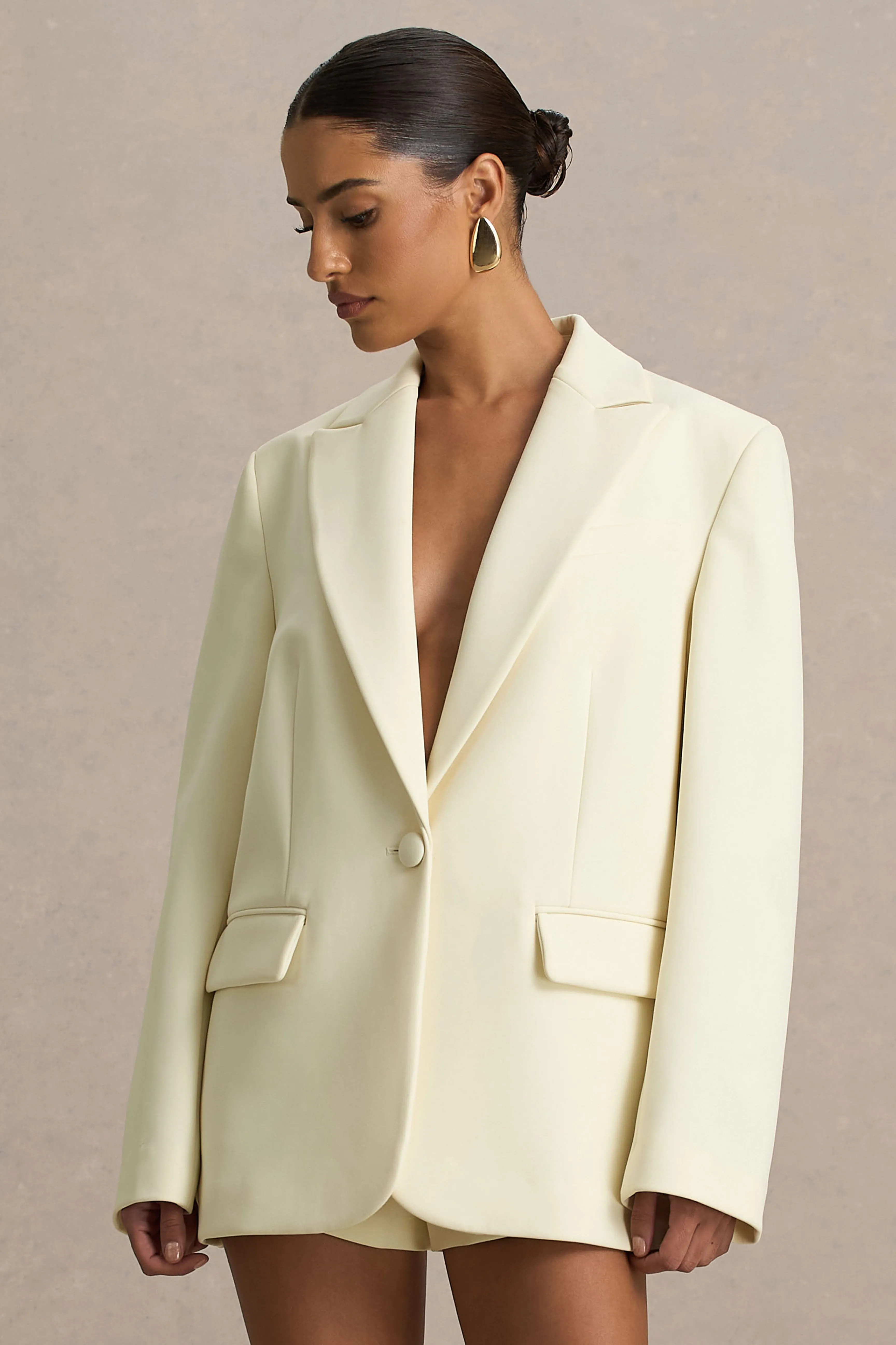 Katherine | Cream Plunge-Neck Tailored Blazer sold by Club L London product image thumbnail 4