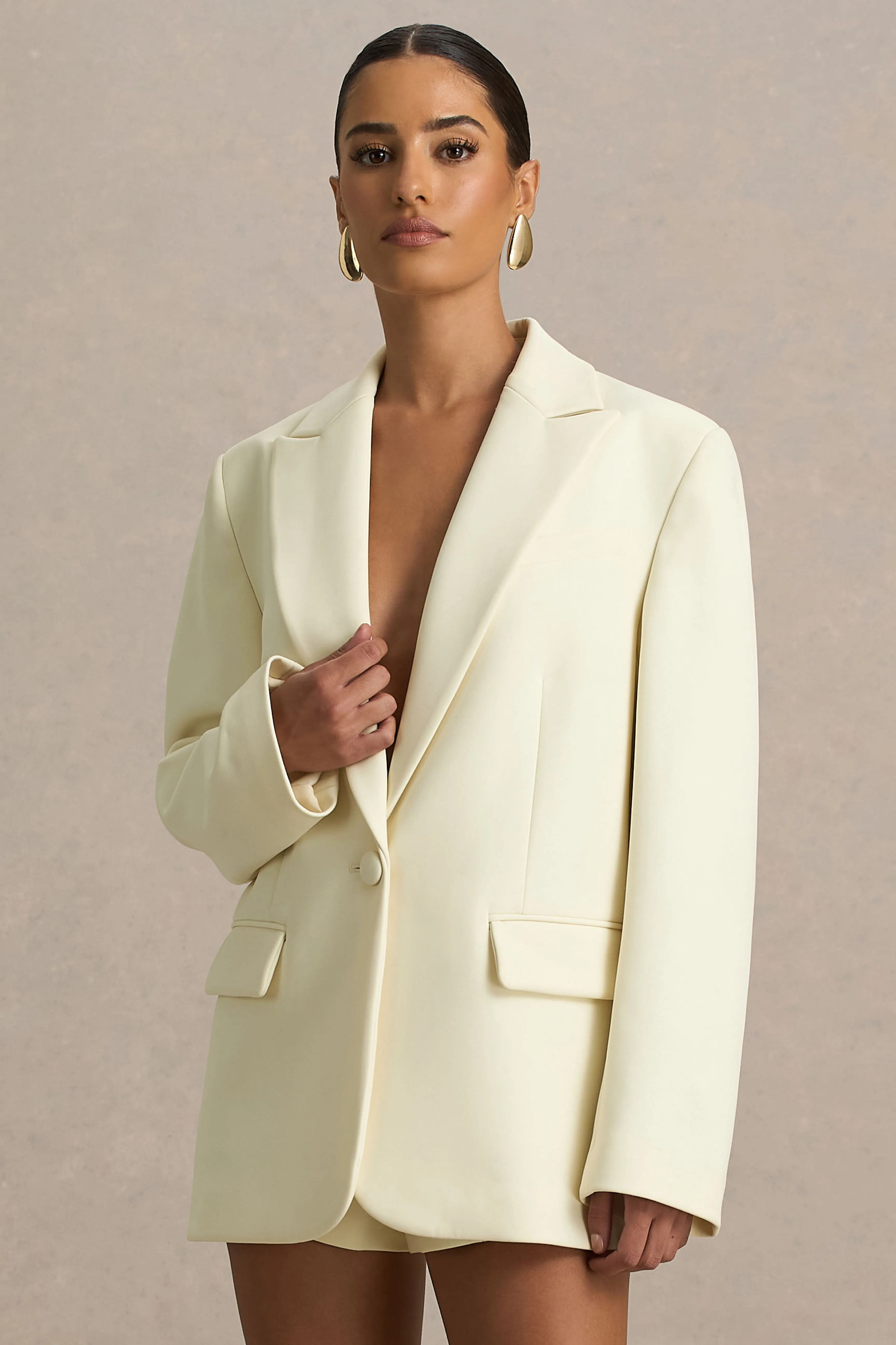 Katherine | Cream Plunge-Neck Tailored Blazer sold by Club L London product image thumbnail 5