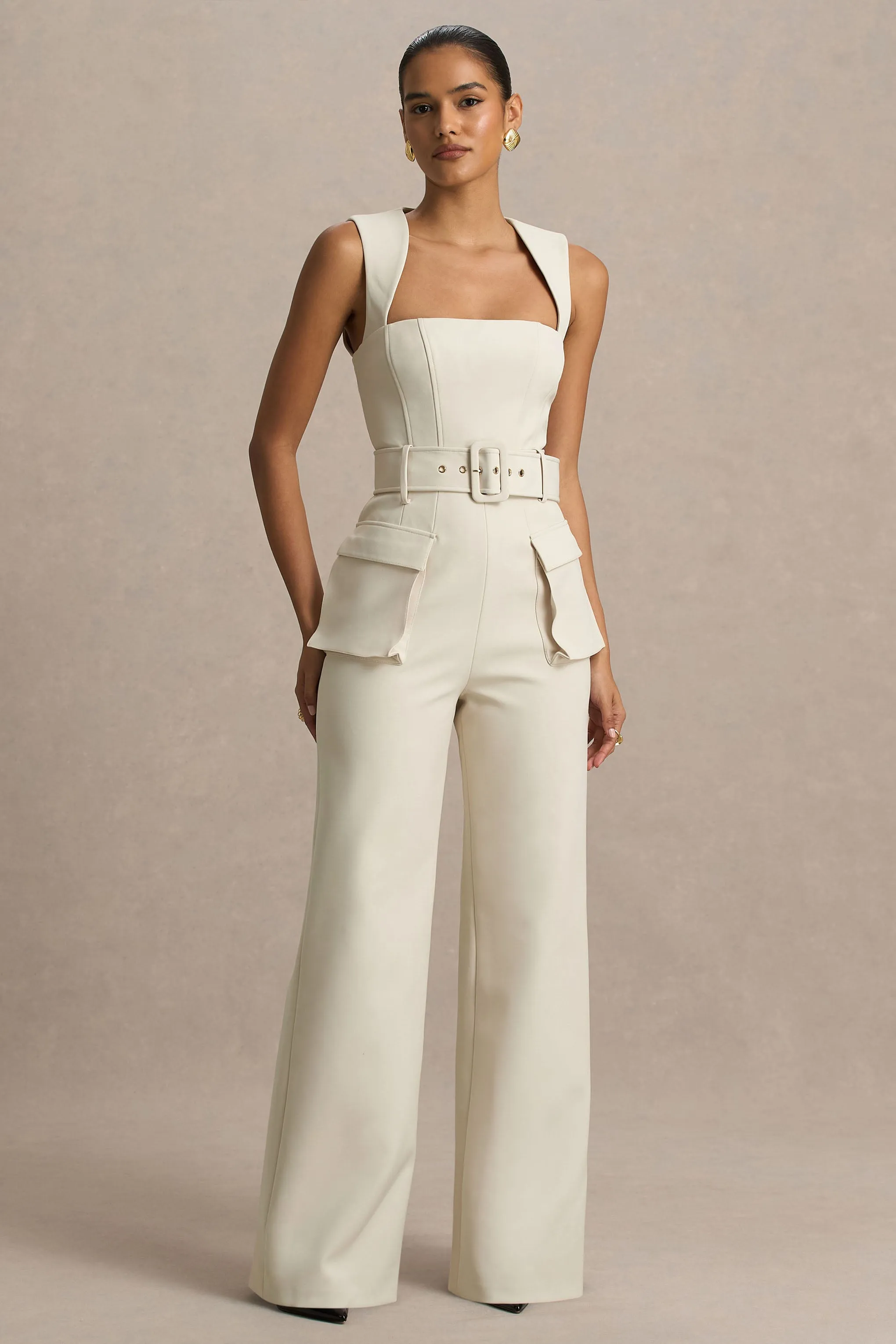 Solice | Cream Square-Neck Tailored Jumpsuit sold by Club L London product image thumbnail 4