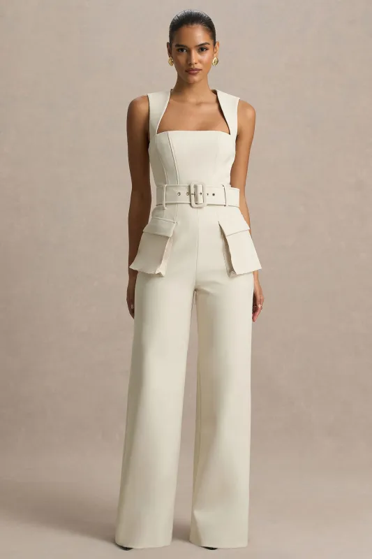 Solice | Cream Square-Neck Tailored Jumpsuit made by Club L London