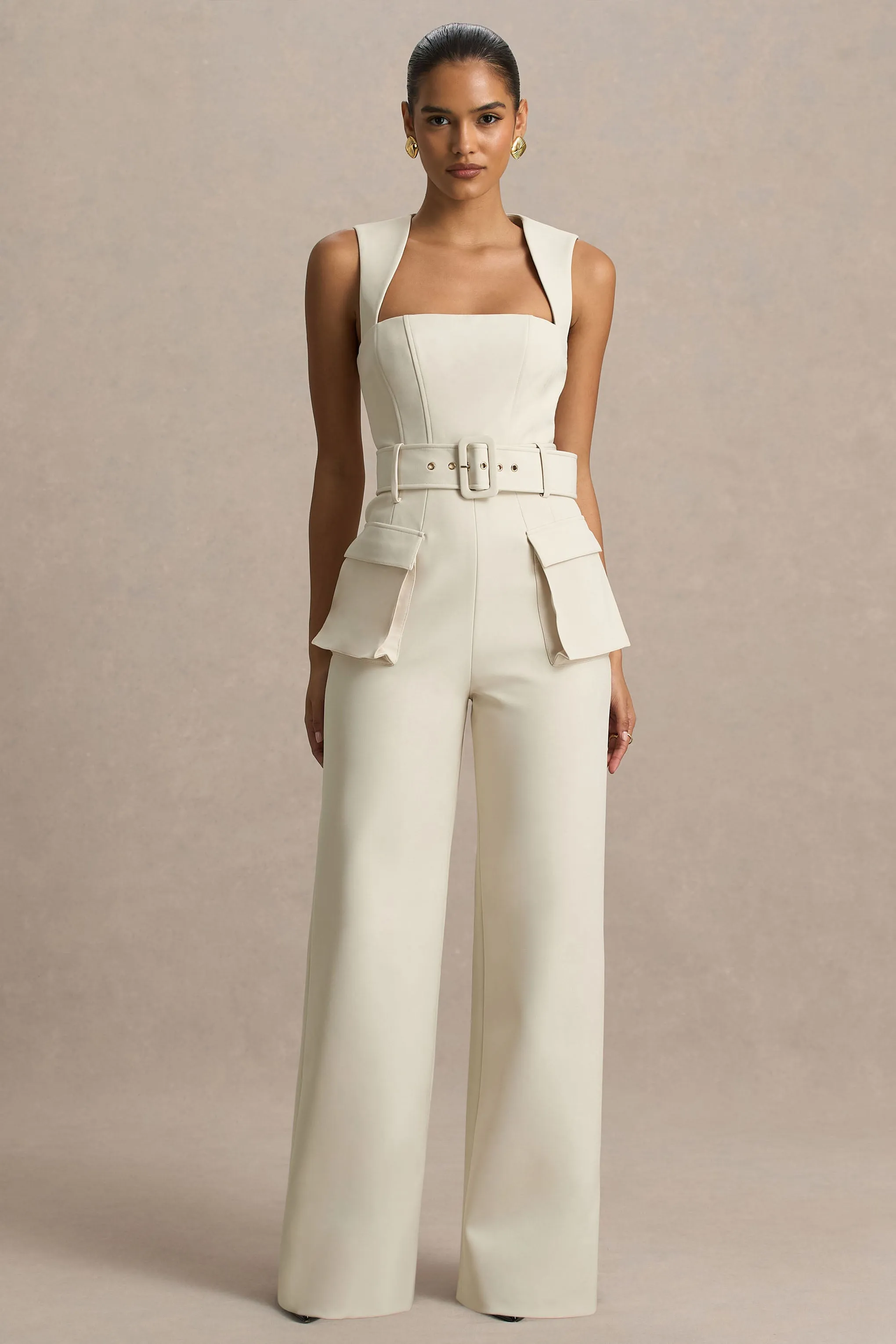 Solice | Cream Square-Neck Tailored Jumpsuit sold by Club L London