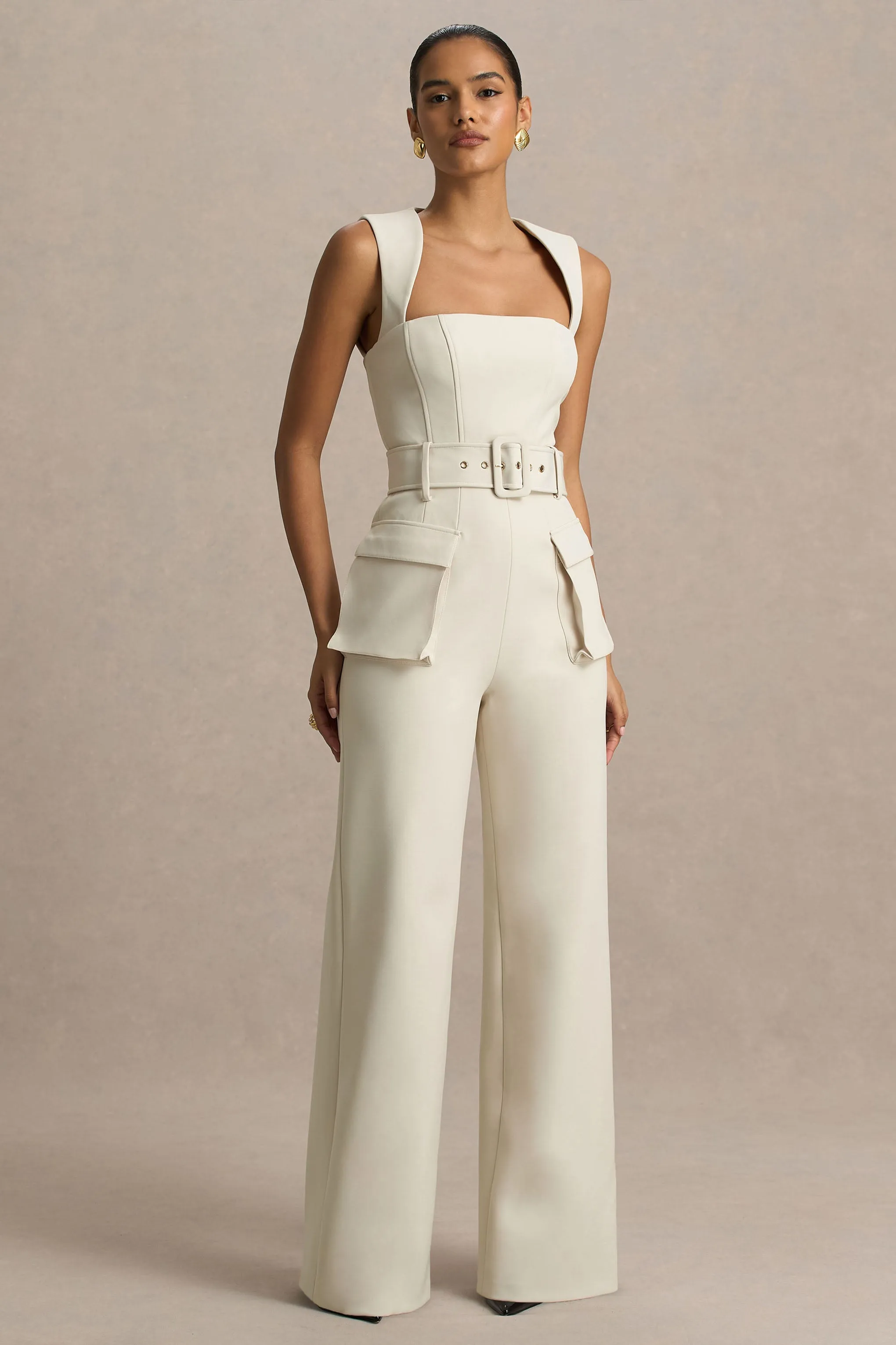 Solice | Cream Square-Neck Tailored Jumpsuit sold by Club L London product image thumbnail 5