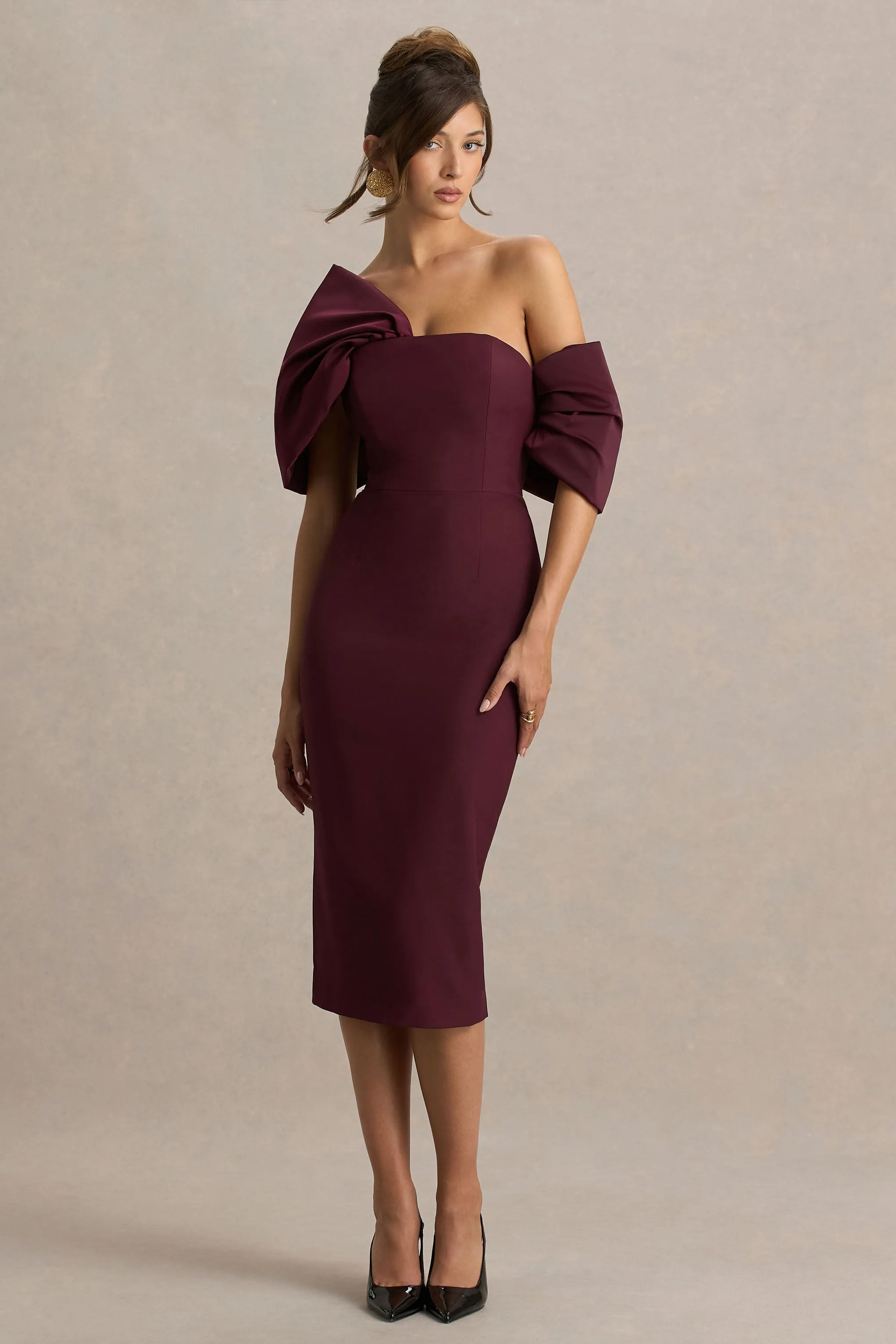 Lucille | Burgundy Asymmetric Bardot Midi Dress sold by Club L London product image thumbnail 4