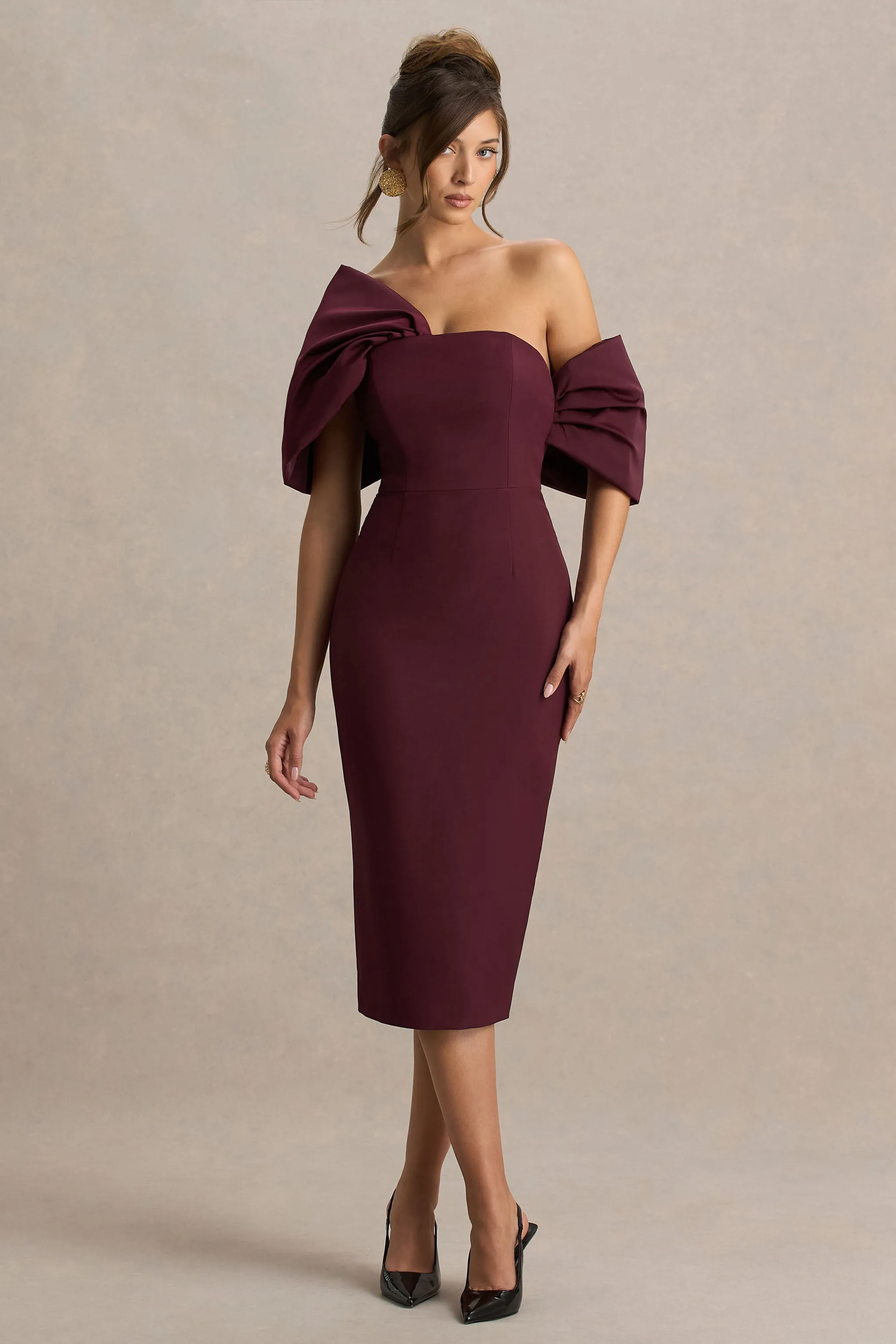 Lucille | Burgundy Asymmetric Bardot Midi Dress sold by Club L London