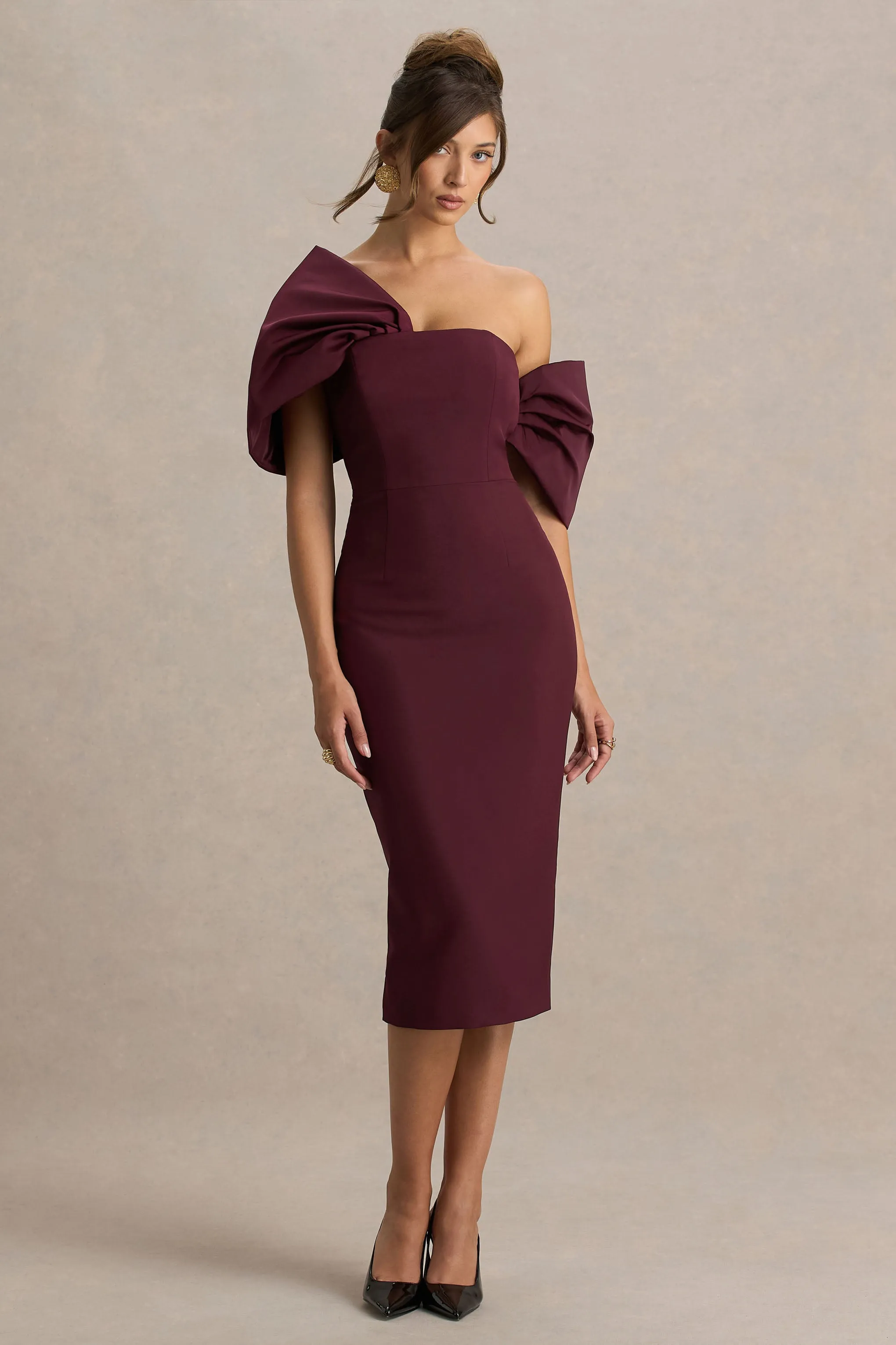 Lucille | Burgundy Asymmetric Bardot Midi Dress sold by Club L London product image thumbnail 5