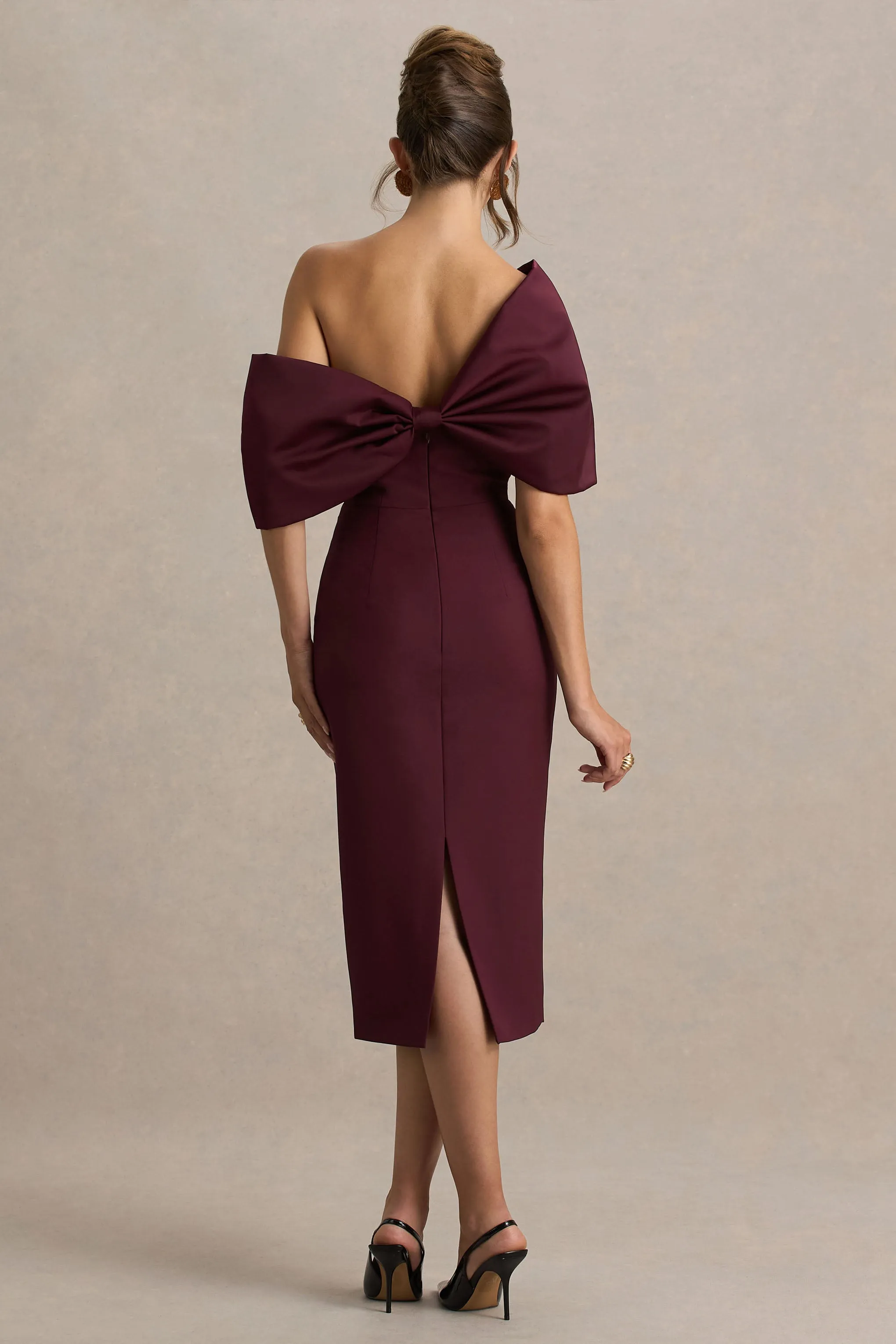 Lucille | Burgundy Asymmetric Bardot Midi Dress sold by Club L London product image thumbnail 2