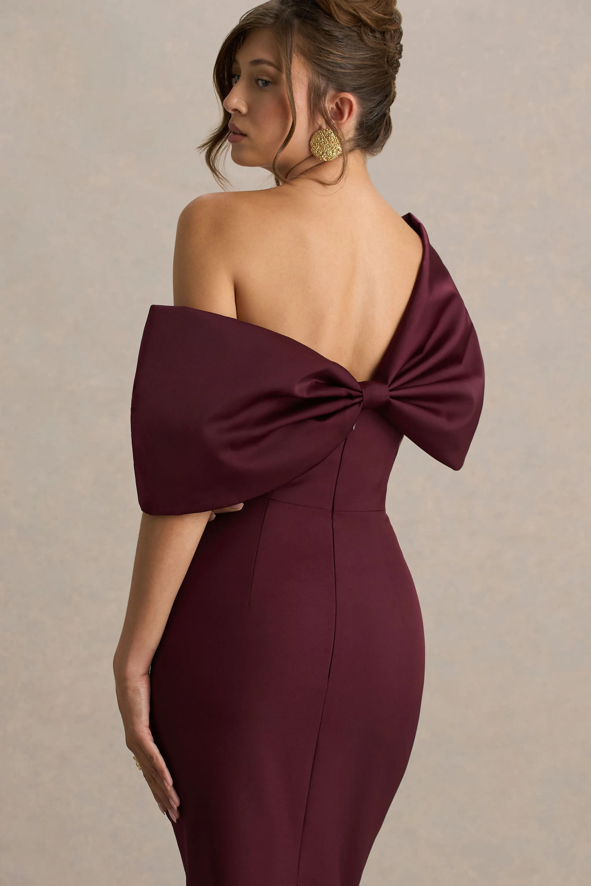 Lucille | Burgundy Asymmetric Bardot Midi Dress sold by Club L London product image thumbnail 3