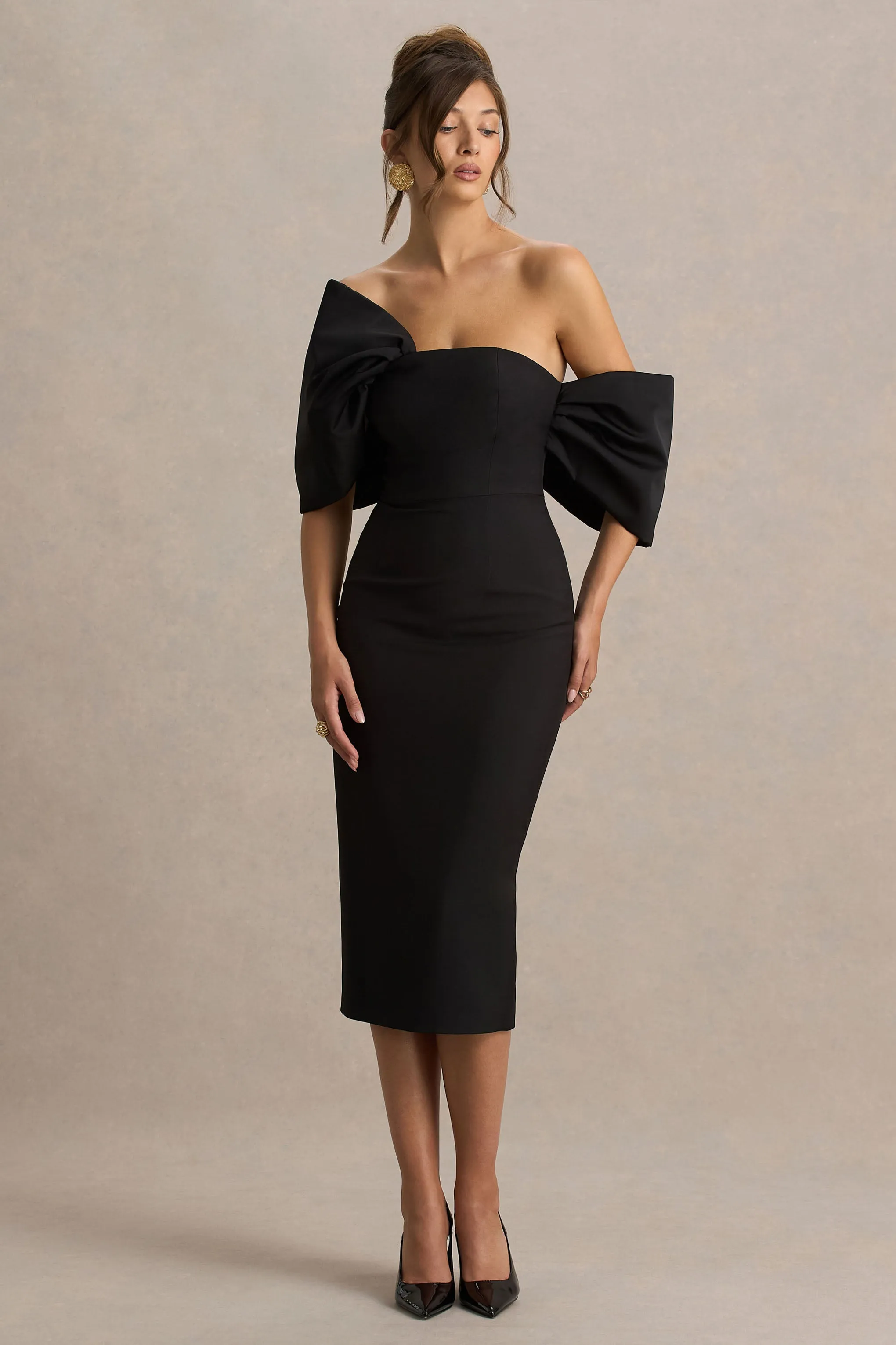 Lucille | Black Asymmetric Bardot Midi Dress sold by Club L London product image thumbnail 5