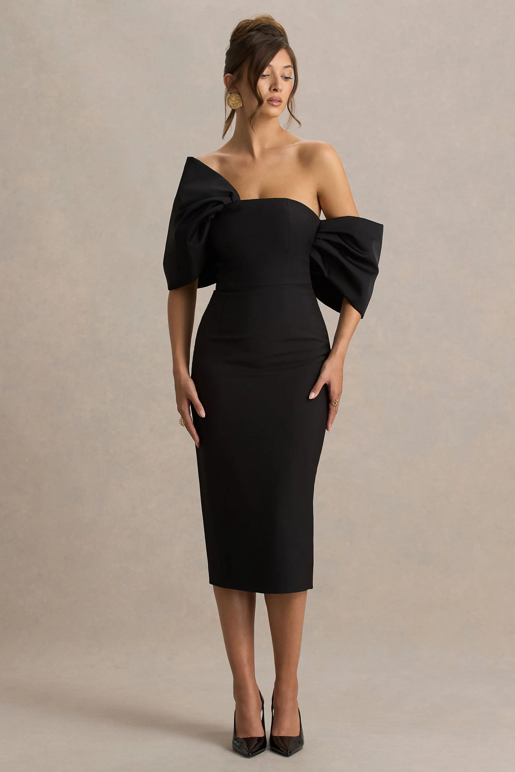 Lucille | Black Asymmetric Bardot Midi Dress sold by Club L London product image thumbnail 4