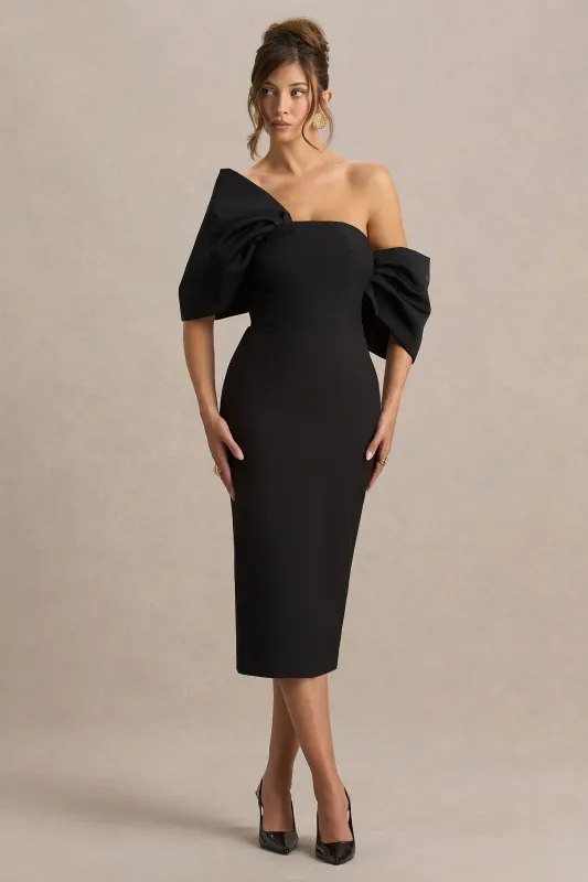 Lucille | Black Asymmetric Bardot Midi Dress sold by Club L London