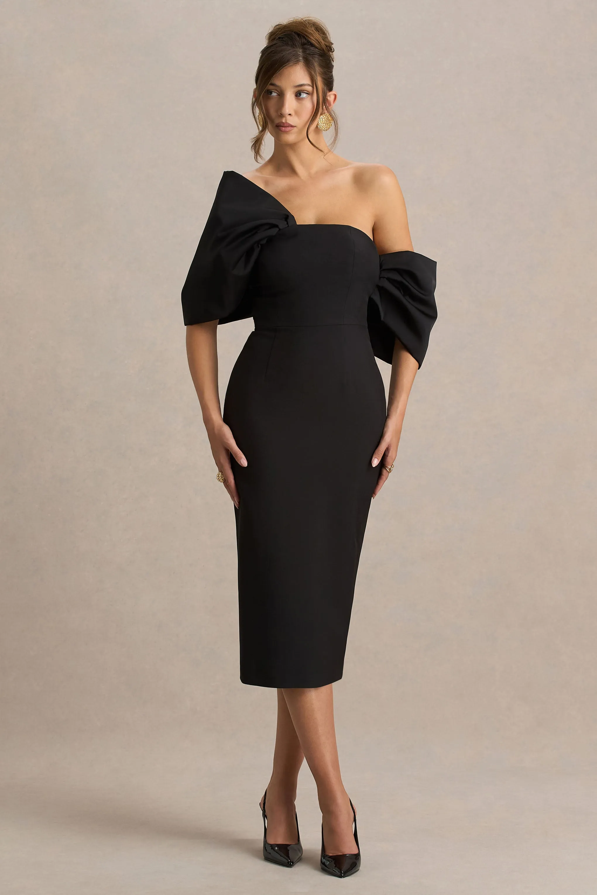 Lucille | Black Asymmetric Bardot Midi Dress sold by Club L London